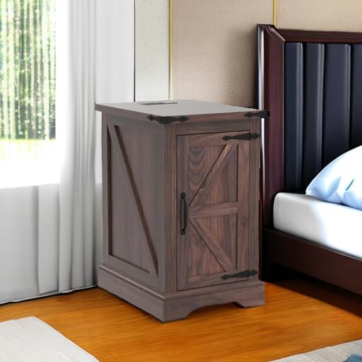 JXQTLINGMU Nightstand with Charging Station, Rectangular Farmhouse End Table with Barn Door and Adjustable Storage Shelf, 17" Deep Wood Rustic Sofa Side Table for Living Room, Bedroom, Brown