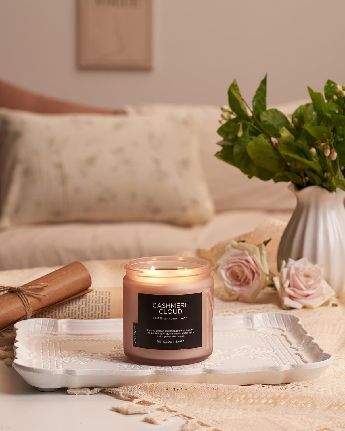 M&SENSE Creamy Almond Milk Scented Candle, 11.6oz Clean Non Toxic Natural Soy Wax Fragrance for Bathroom Bedroom 70 Hours Burn Time Candle, 2 Wick Aromatherapy Gifts for Housewarming