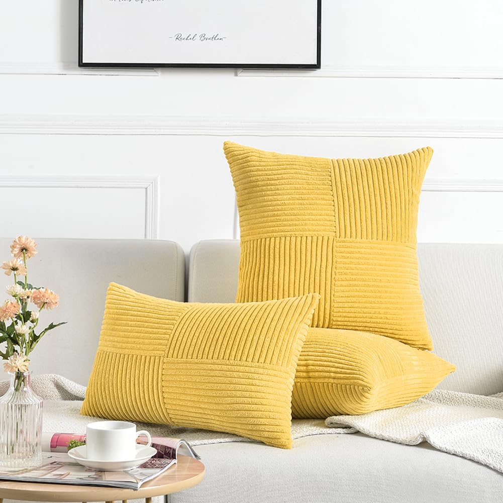 Fancy Homi 2 Packs Yellow Decorative Throw Pillow Covers 18x18 Inch for Living Room Couch Bed, Rustic Farmhouse Boho Home Decor, Soft Corss Corduroy Patchwork Textured Square Cushion Case 45x45 cm