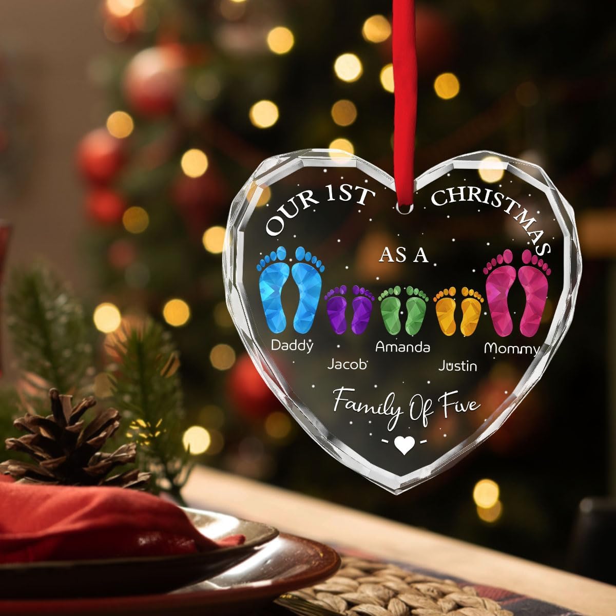 First Christmas As A Family - Personalized Custom Glass Ornament for Family of 5 People and Pets, 1st Xmas Family Ornament 2025 Baby's First Christmas