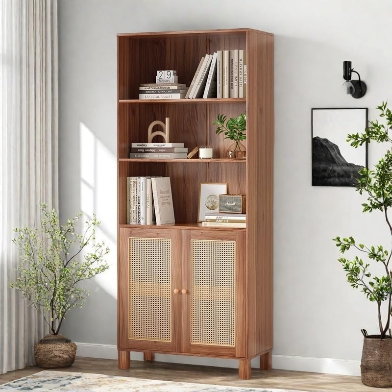 Tall Bookshelf, 5-Tier Book Shelf with 2 Rattan Doors, Freestanding Bookcase Display Shelves with Large Storage, Book Case for Living Room, Office, Study, Bedroom, 70.9 Inch