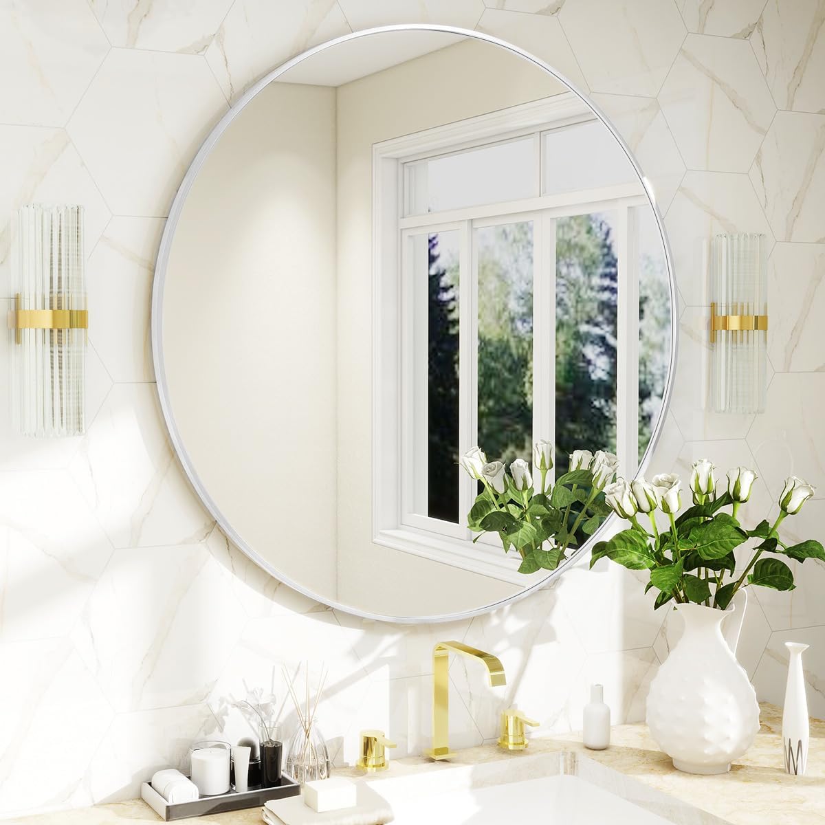 BEAUTYPEAK 20 Inch Round Mirror, Metal Frame Circle Mirror, Wall Mounted for Entryway, Bathroom, Vanity, Living Room, White