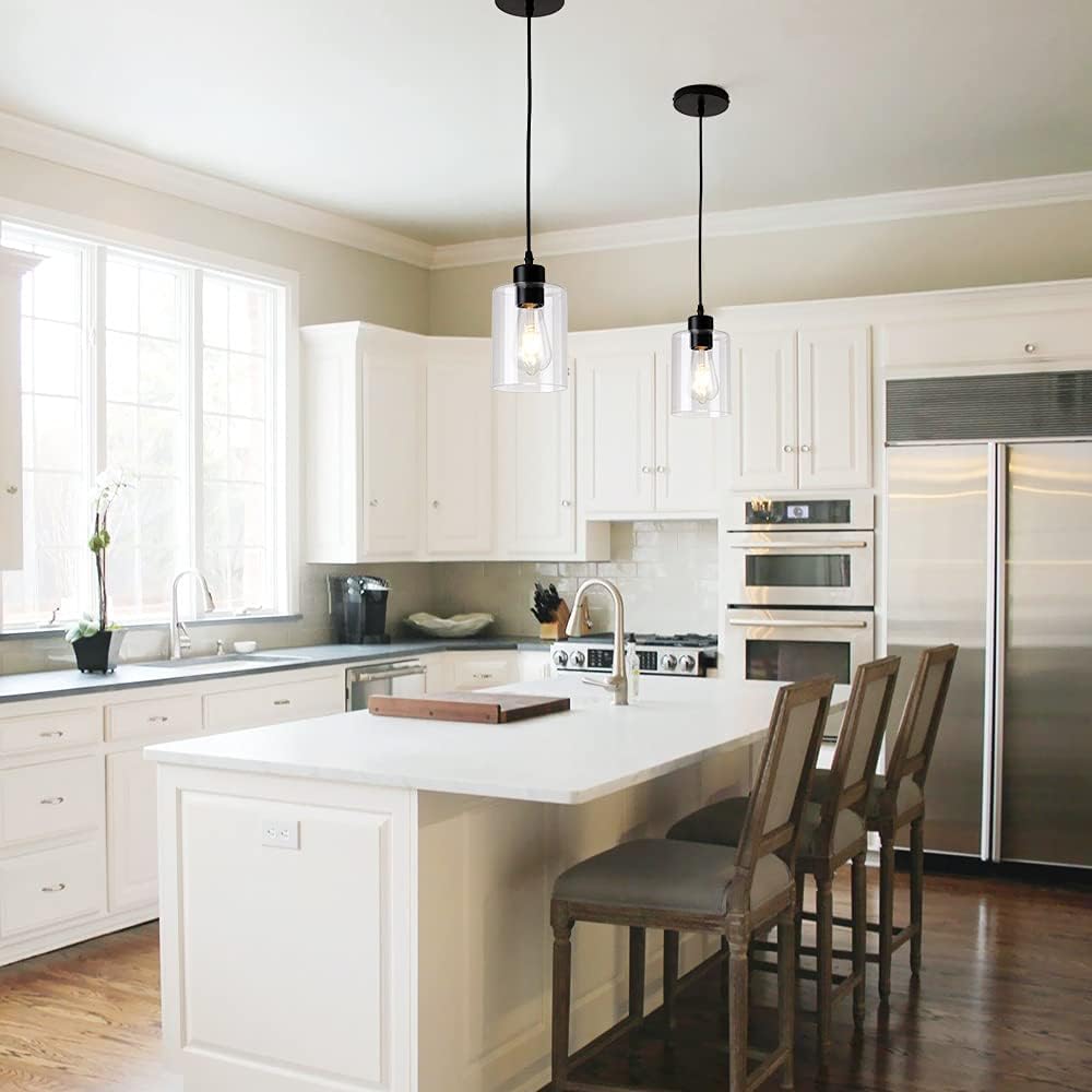 Modern Black Farmhouse Clear Glass Cylinder Pendant Light Fixture,Mini Pendant Lighting for Kitchen Island Decor - 4.75 Inch Shade, 2-58 Inch Cord (Black 3 Pack)