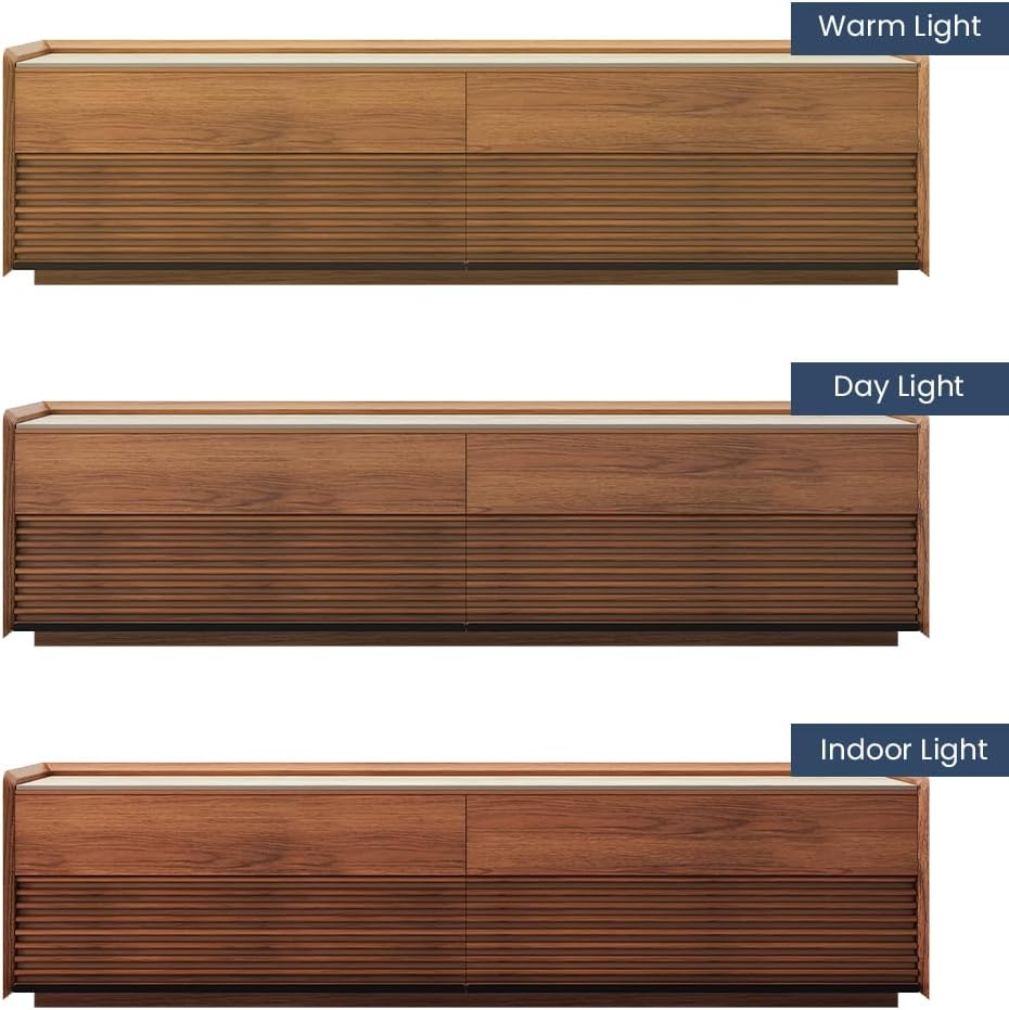POVISON Fully-Assembled Mid Century Matte Sintered Stone TV Stand, 70.87" Wood Media Console with Adjustable LED Light, Entertainment Center with Storage for Living Room