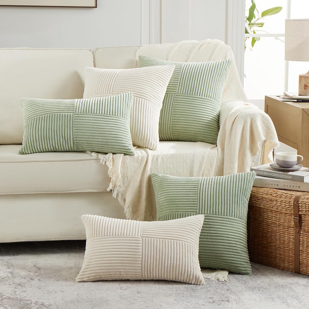 Fancy Homi 2 Packs Sage Green Samll Decorative Throw Pillow Covers 14x14 Inch with for Couch Bed Sofa, Rustic Farmhouse Boho Home Decor, Soft Corss Patchwork Corduroy Square Cushion Case 35x35 cm