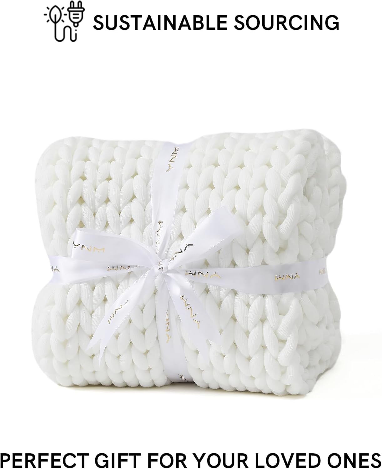 YnM Chunky Throw Blanket, Medium-Weight, Hand Knitted, Skin Friendly, Ventilated and Breathable, Machine Washable, Home Décor Piece for Couch, Sofa and Bed (White, 60x80 Inch)