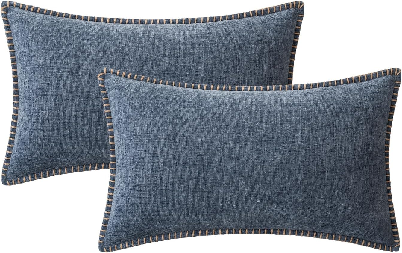 MIULEE Pack of 2 Couch Throw Pillow Covers 12x20 Inch Dark Grey Blue Farmhouse Decorative Pillow Covers with Stitched Edge Soft Chenille Solid Dyed Spring Pillow Covers for Sofa Bed Living Room