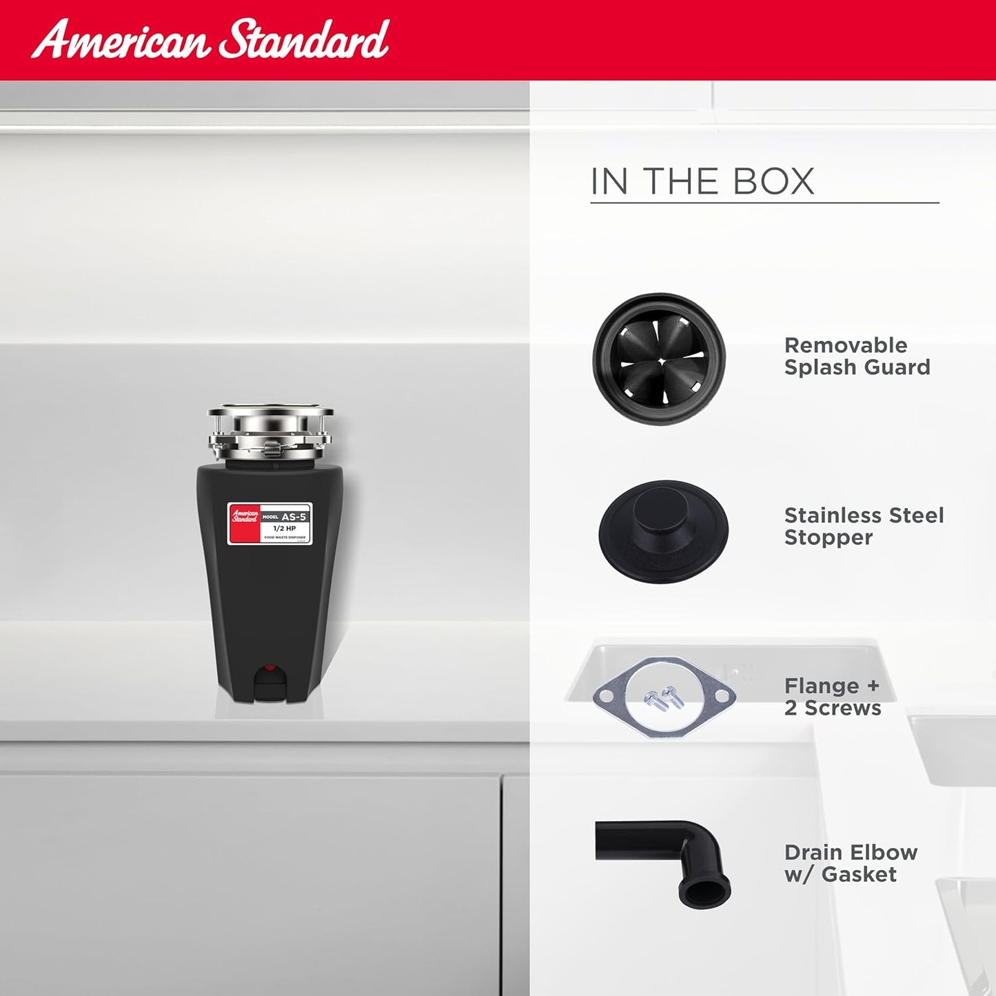American Standard 10-US-AS-5 Garbage Disposal Anti-Jam Stainless Steel Food Waste Grinding System, Slim Line, 1/2 HP, Black