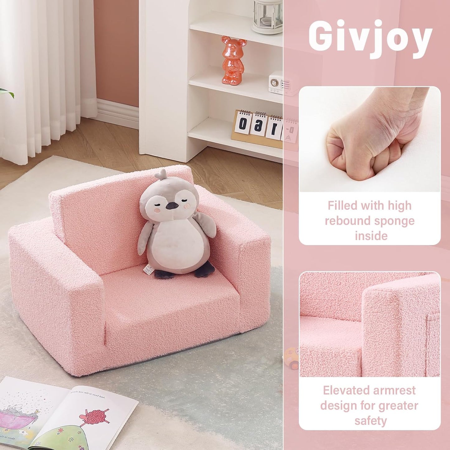 2-in-1 Toddler Chair Sherpa Couch - Soft Kids Lounger for Bedroom, Convertible Sofa for Girls and Boys, Reading Chair, Pink