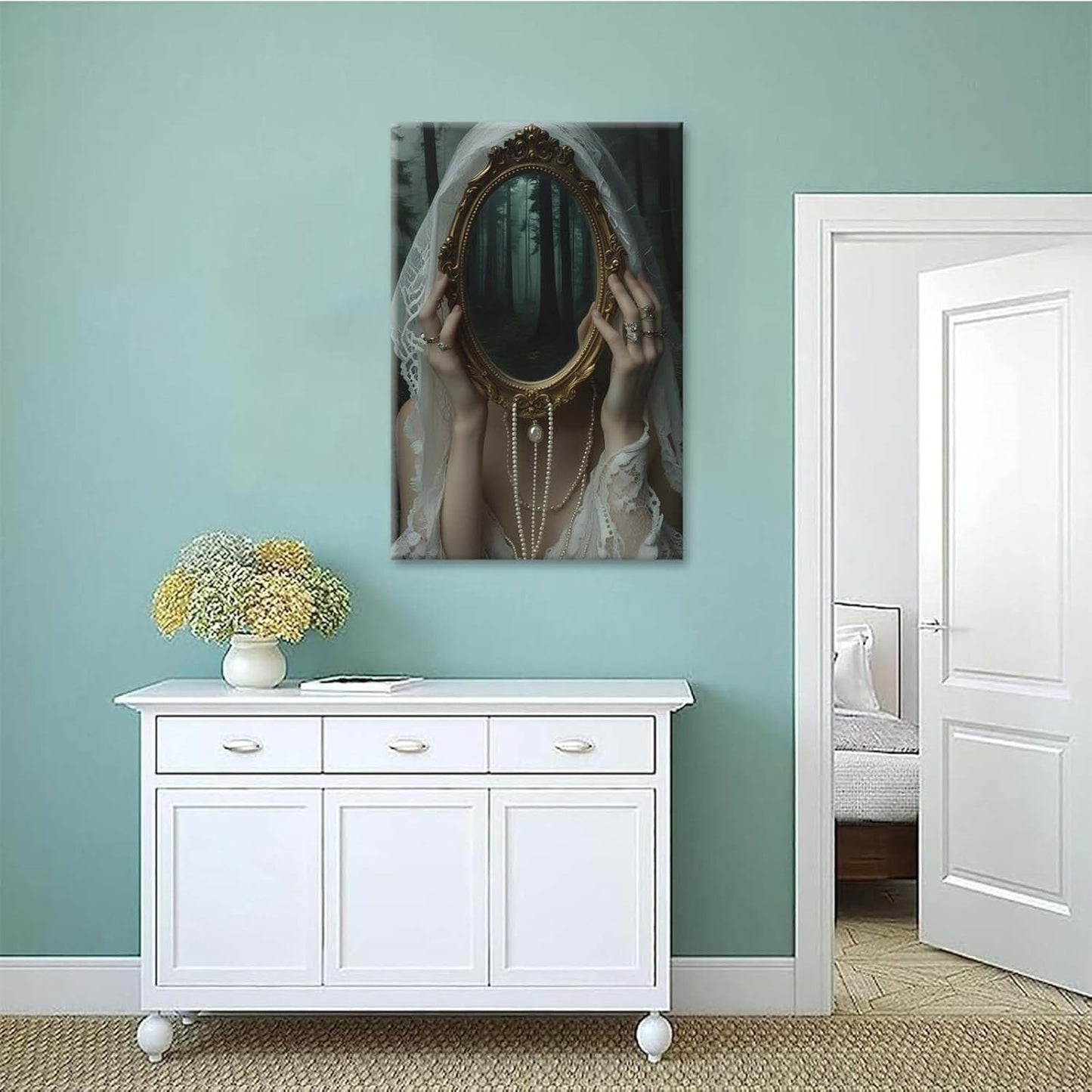 Mirror face covering dark art poster print melancholy gothic painting vintage feminine print victorian style decoration antique art24x36in Frameless
