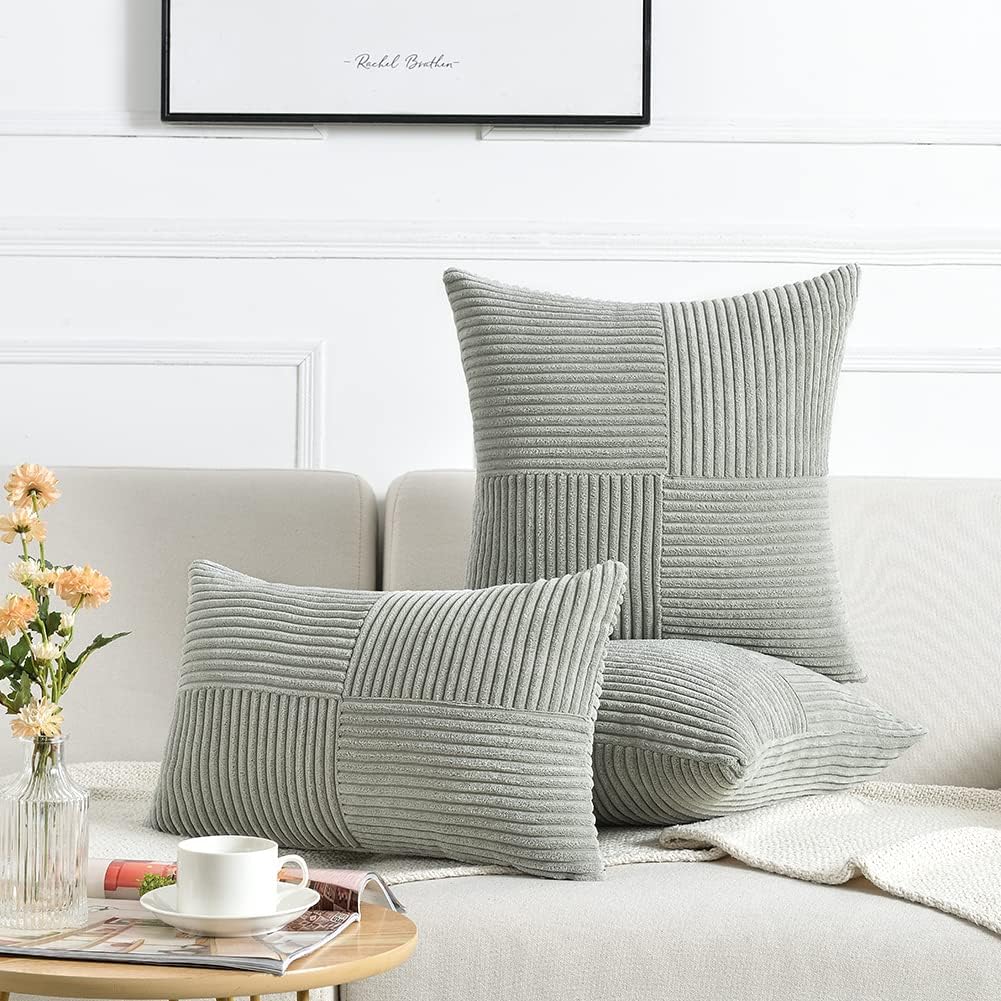 Fancy Homi 2 Packs Grey Decorative Throw Pillow Covers 16x16 Inch for Living Room Couch Bed Sofa, Rustic Farmhouse Boho Home Decor, Soft Corss Patchwork Corduroy Textured Square Cushion Case 40x40 cm