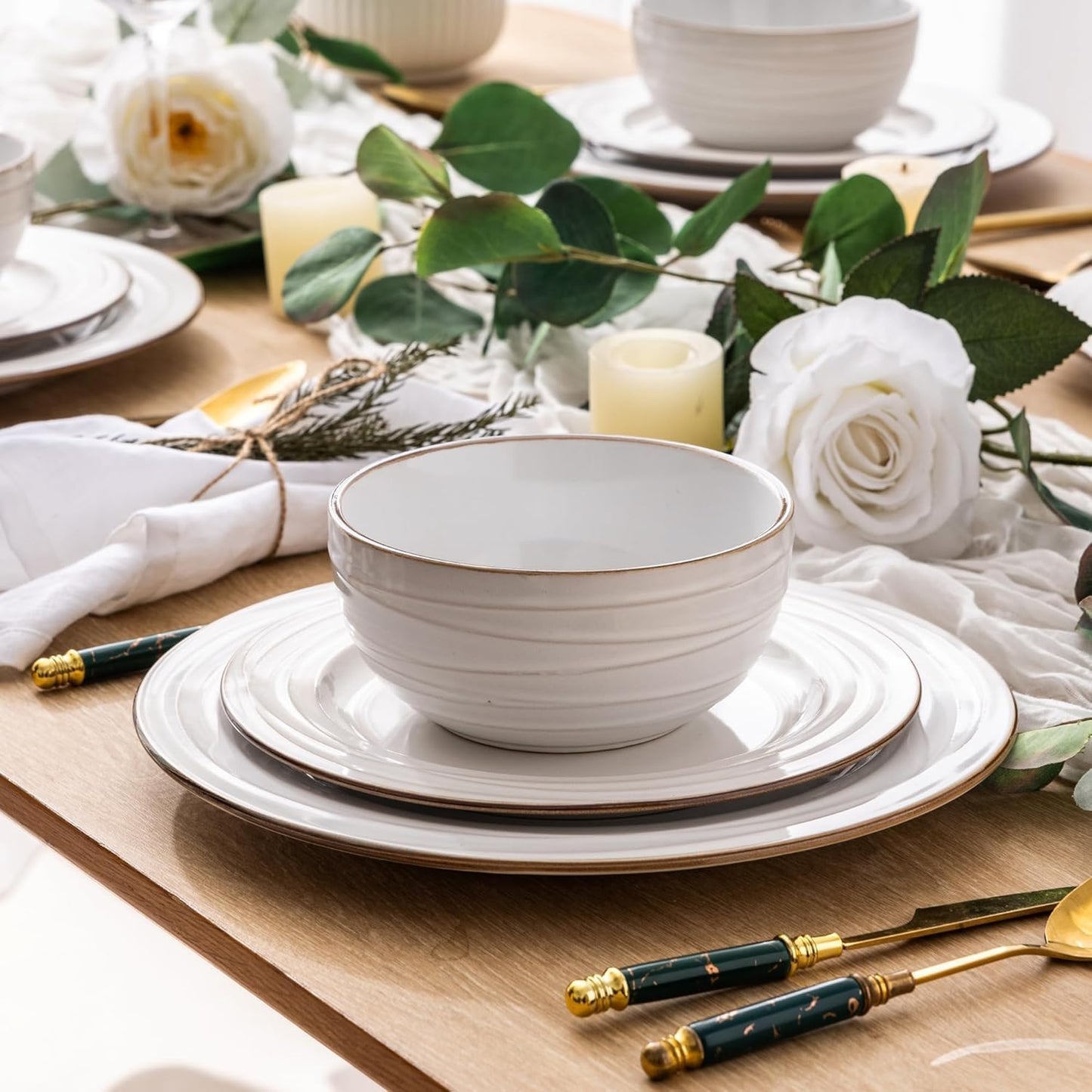 GBHOME Ceramic Dinnerware Sets, 24 pcs Embossed Elegant Stoneware Plates and Bowls Sets, Housewarming Wedding Gift | Dishwasher & Microwave Safe | Dishes Set Service for 8