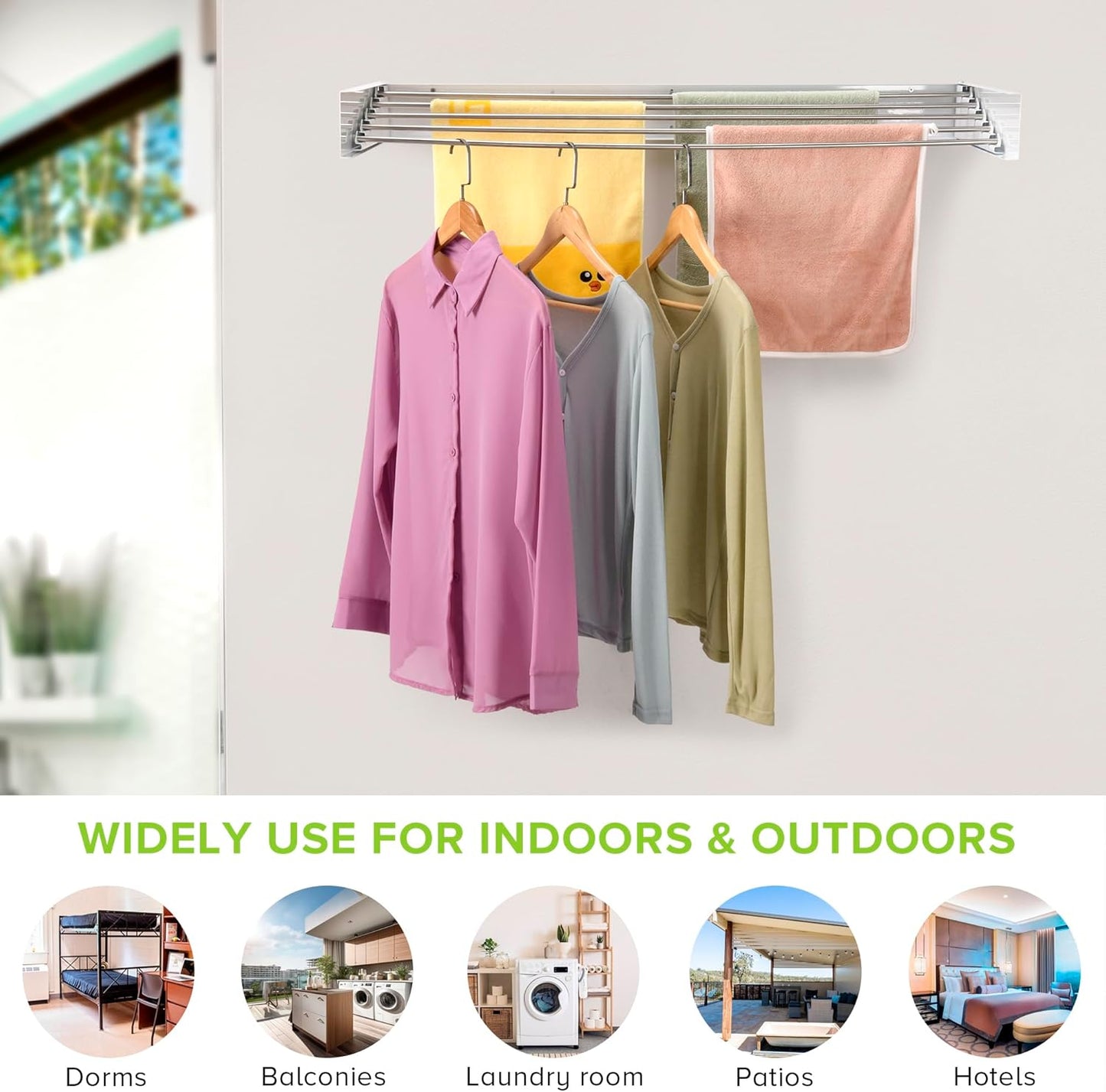 Wall Mounted Laundry Drying Rack, Retractable Clothes Drying Rack for Bathroom with Wall Template, 5 Stainless Rods Heaving 60 lb Capacity (White, 40")