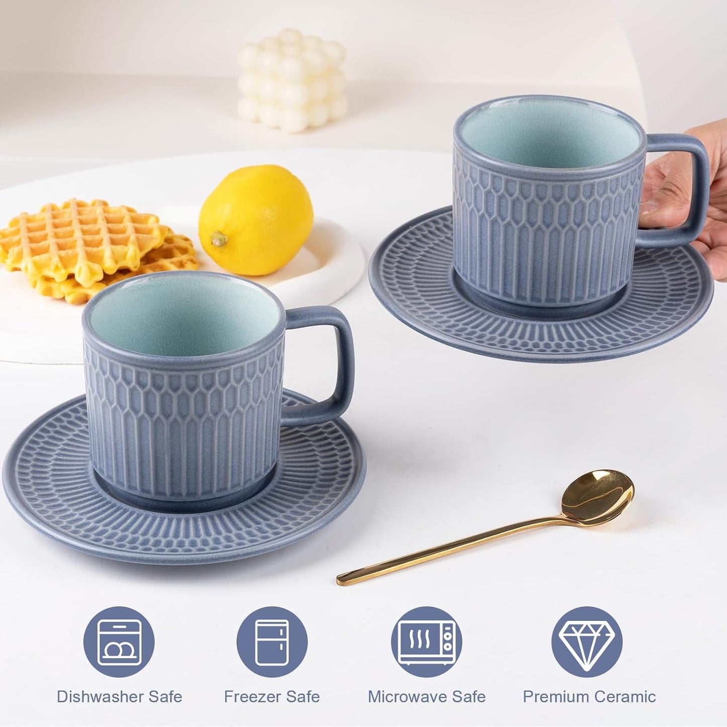 Large Cappuccino Cups with Saucers Set of 4, 8 Ounce Stackable Embossed Ceramic Coffee Mugs for Specialty Coffee Drinks, Latte, Cafe Mocha and Tea, Dishwasher & Microwave Safe (Blue)
