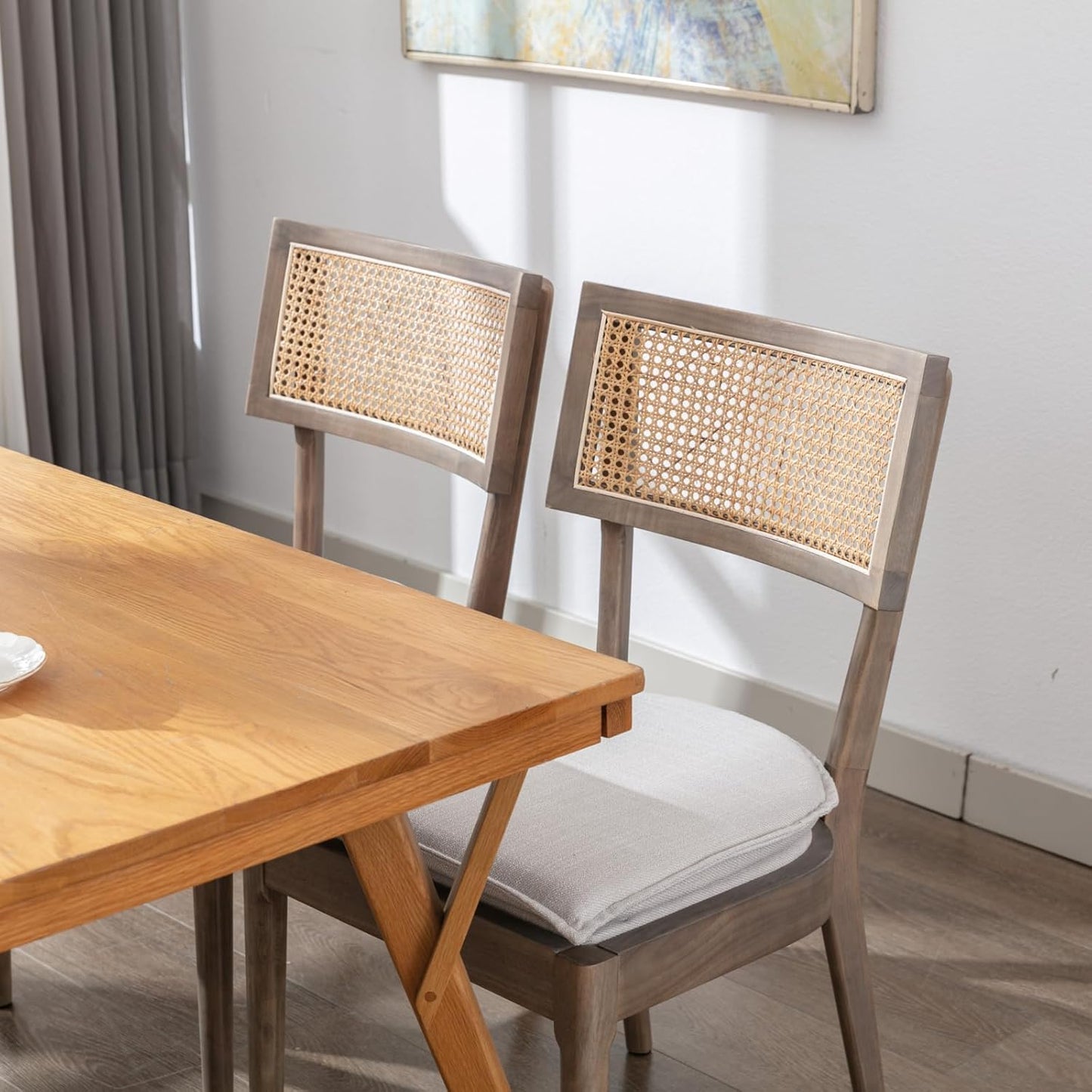 Rattan Dining Chairs Set Of 4 , Mid Century Modern Upholstered Cane Back Chairs with Removable Linen Cushion , Retro Farmhouse Natural Wooden Kitchen & Dining Room Chairs for Restaurant Living Room