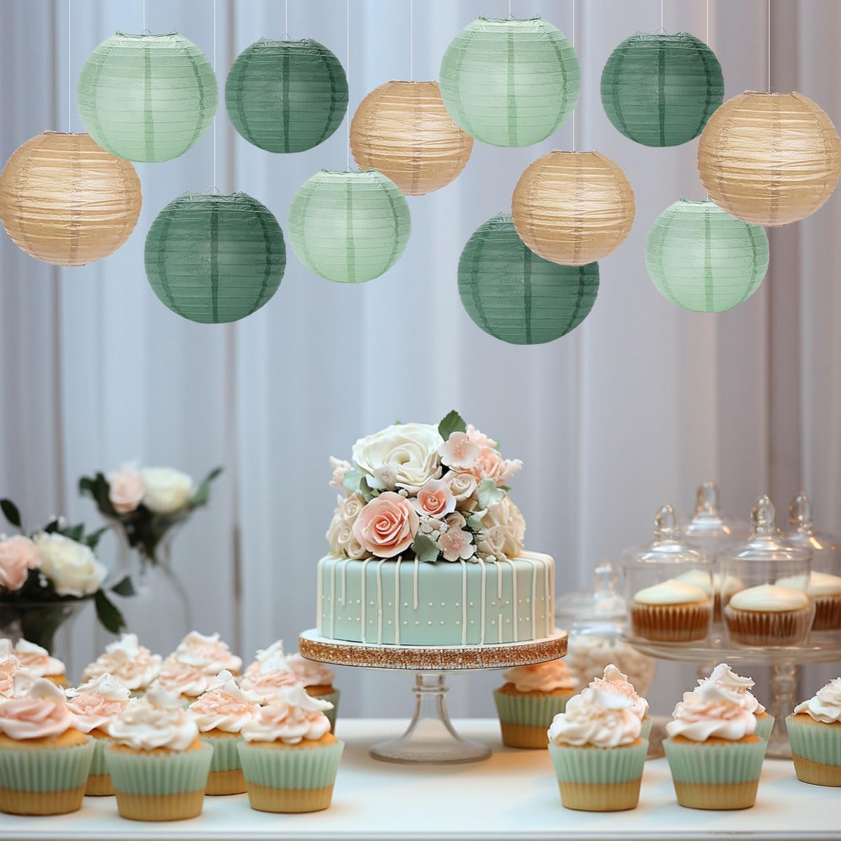 Paper Lanterns Decorative, Sage Green Forest Tan Hanging Round Chinese Lanterns with Lights for Rustic Party Sage Green Birthday Party 12 LED Light Pack of 12