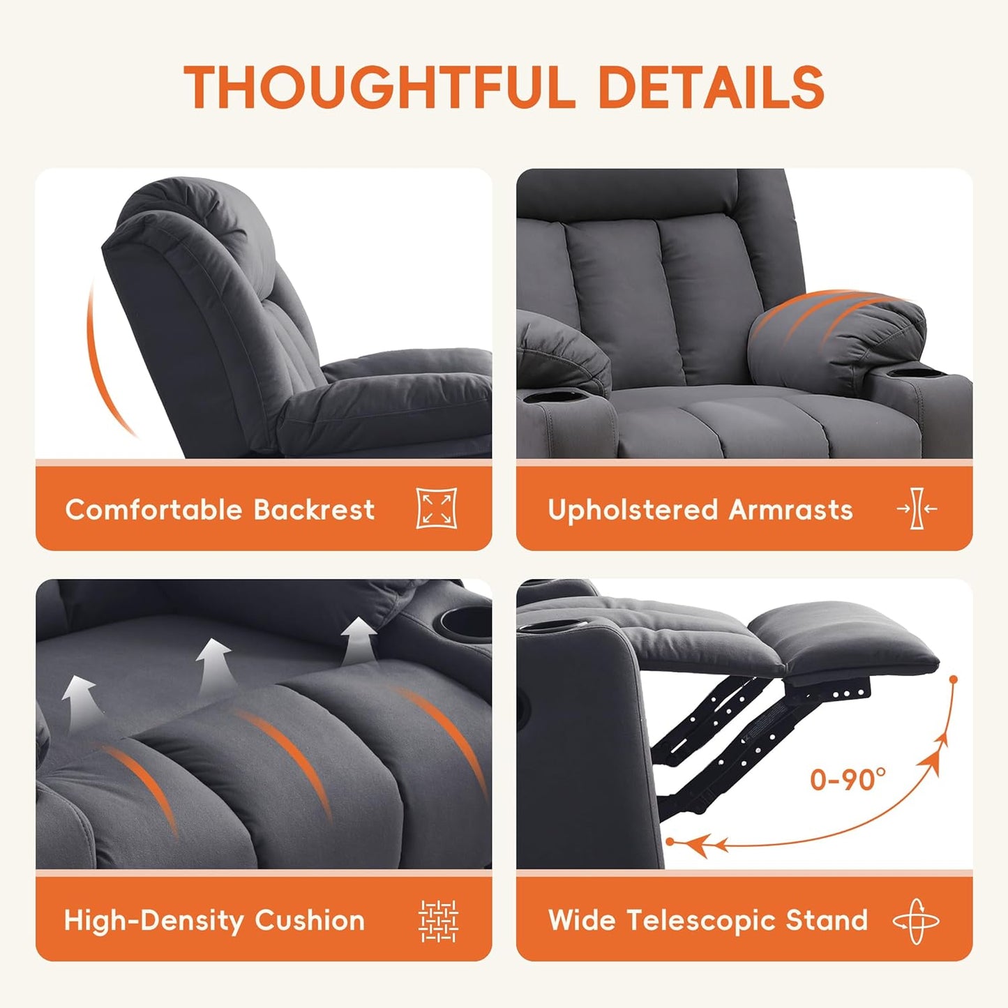 Rocker Swivel Recliner Chair for Adults, Overstuffed Large Manual Recliner Glider with Massage and Heat, Comfy Soft Fabric Living Room Reclining Sofa Chair(Technical Grey)