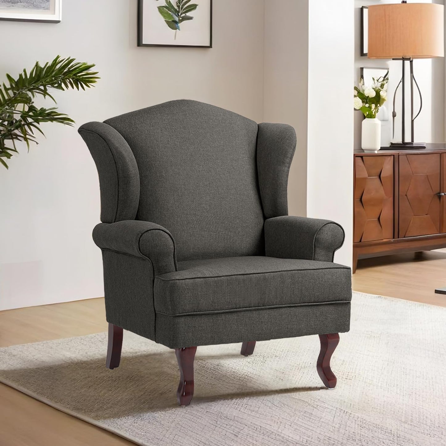 Accent Chair, High Back Upholstered Armchair with High Resilience Sponge & Wood Legs, Mid-Century Modern Comfy Single Sofa Reading Chairs for Living Room, Bedroom (Dark Grey, Set of 2)