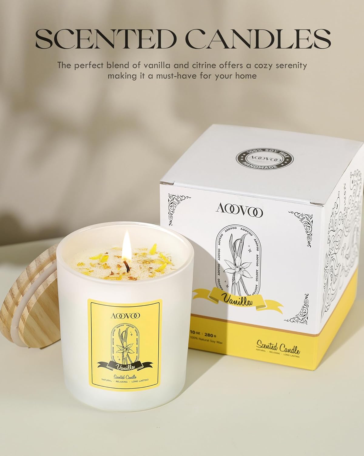 AOOVOO Vanilla Scented Candles for Women - Aromatherapy Candle with Crystals Inside, 10oz Soy Candles for Home Scented, Gifts for Women Mom