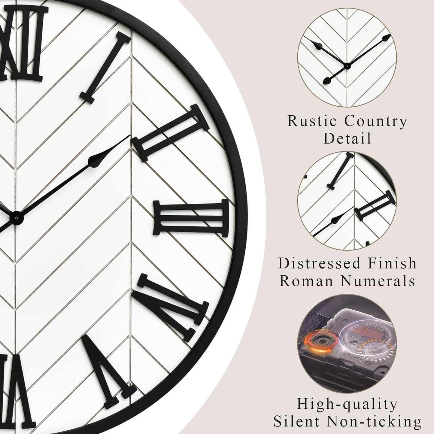 30 Inch Large Wall Clock Farmhouse Style - White Silent Non-Ticking Rustic Decor for Living Room, Kitchen, Bedroom