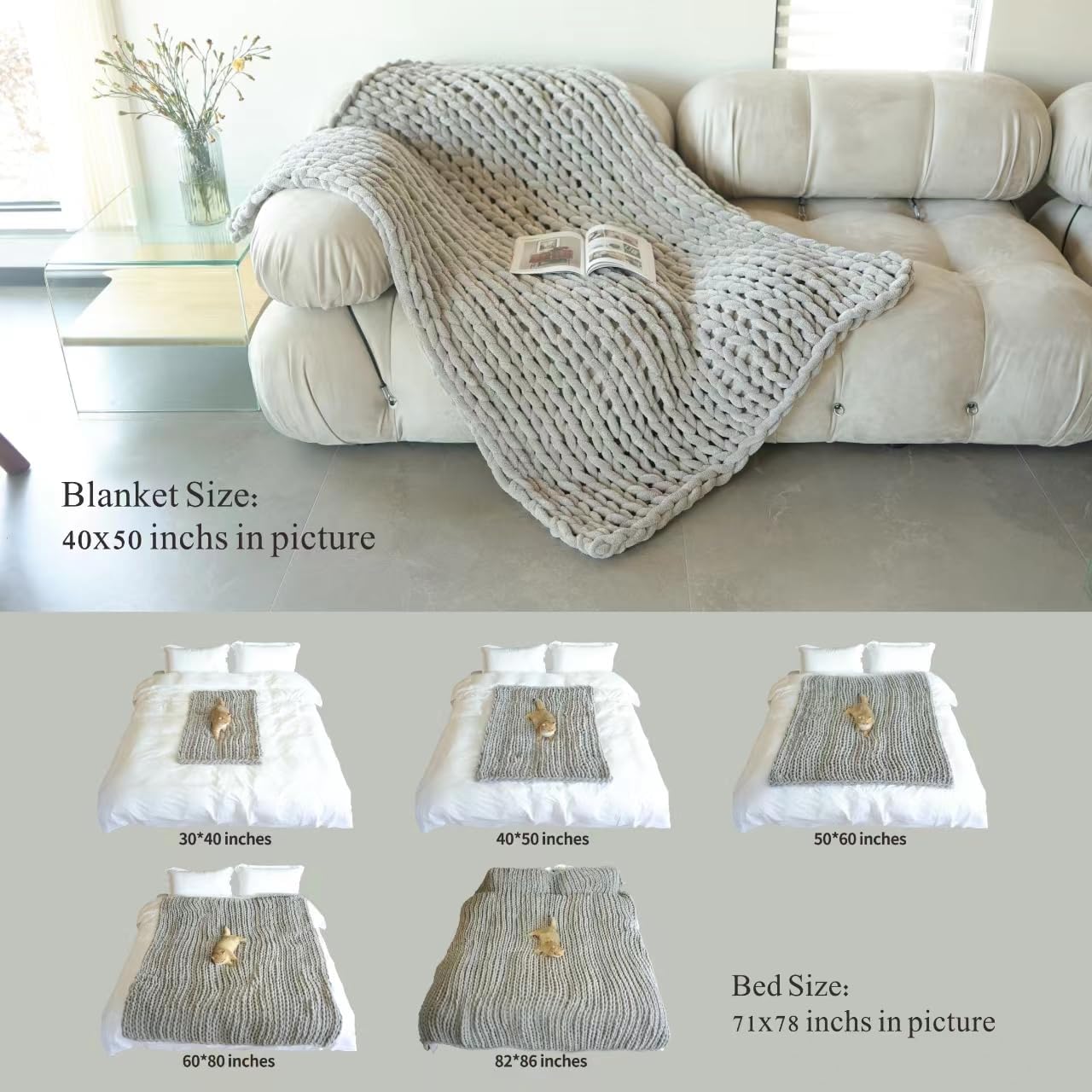 Maetoow Chenille Chunky Knit Blanket Throw (40×50 Inch), Handmade Warm & Cozy Blanket Couch, Bed, Home Decor, Soft Breathable Fleece Banket, Christmas Thick and Giant Yarn Throws, Cream