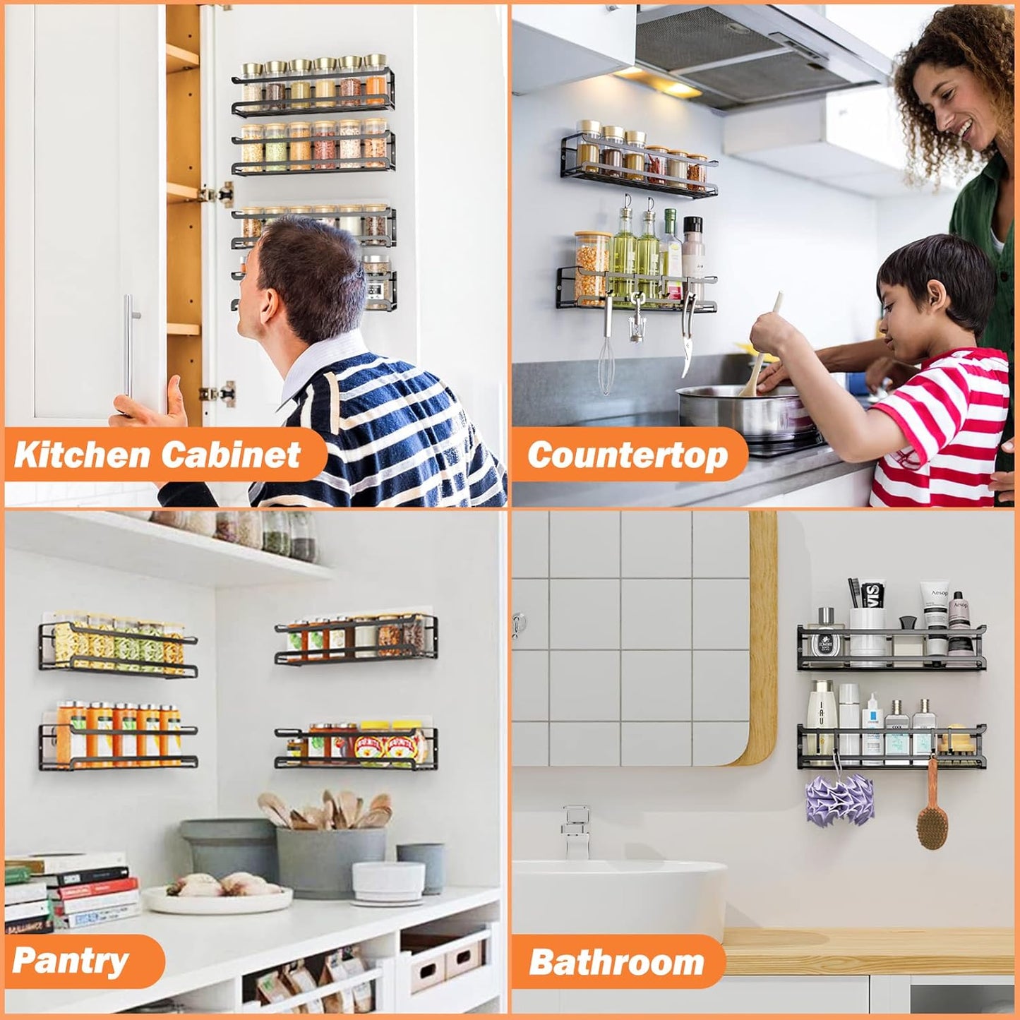 Spice Rack wall mounted 2 Pack, Space-Saving Spice Organizer for Spice Jars and Seasonings,Screw or Adhesive Hanging Spice Rack Organizer for Your Kitchen Cabinet,or Pantry Door