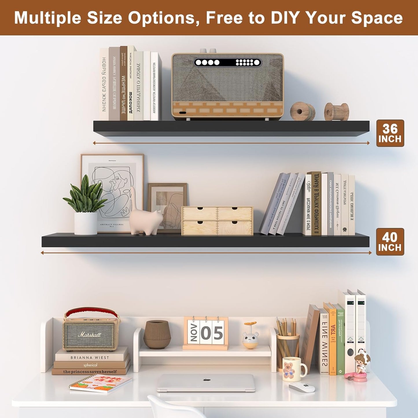 40 Inch Floating Shelf 1 Pack Large Floating Shelves for Wall No Drilling Accessories Included Deep Wall Shelves for Living Room Kitchen Farmhouse 40" W x 12" D x 1.2" Black