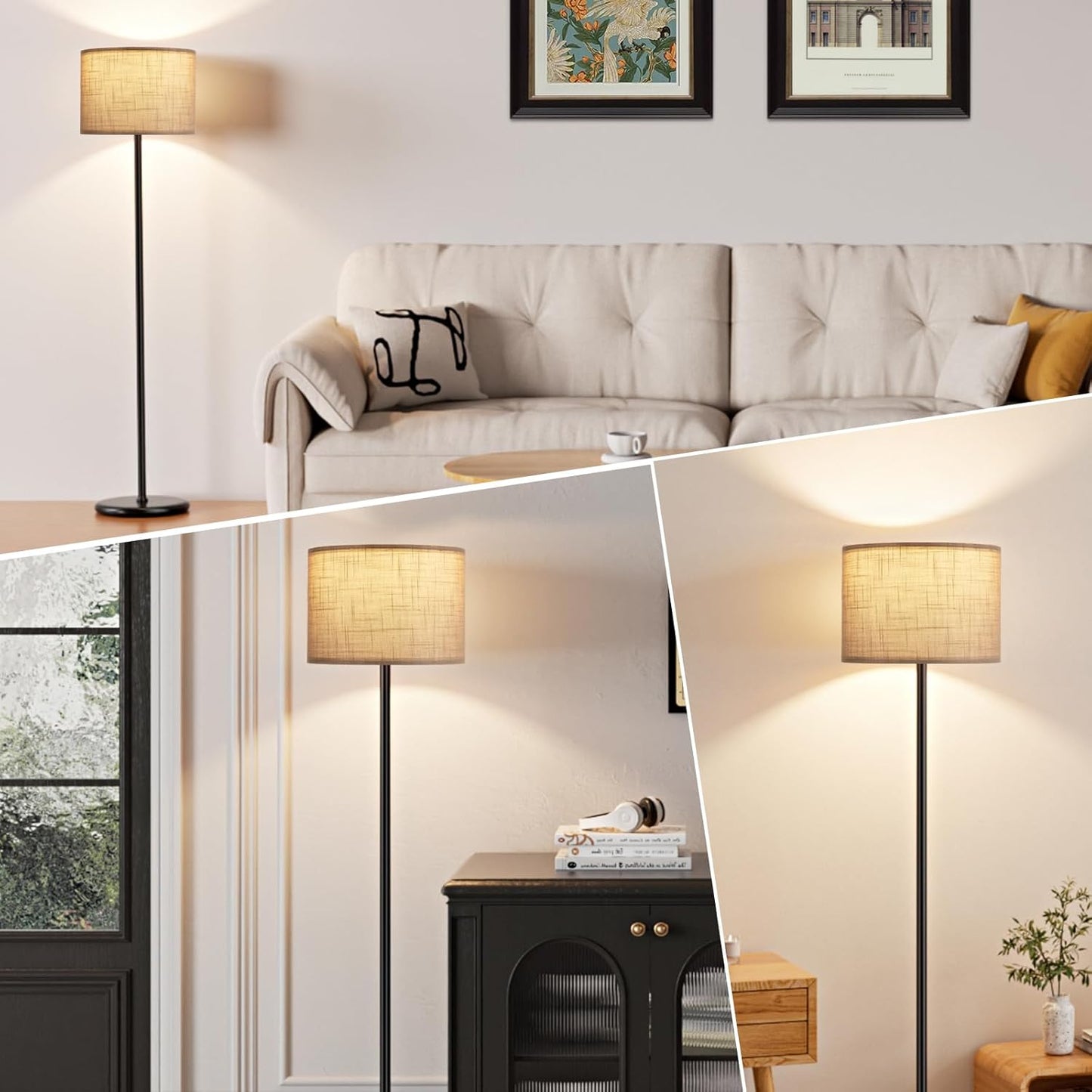 Ambimall 60'' Modern Floor Lamp with Shade, Tall Lamps for Living Room, Bedroom, Office, Dining Room, Linen Grey Shade with Black Pole(Without Bulb)
