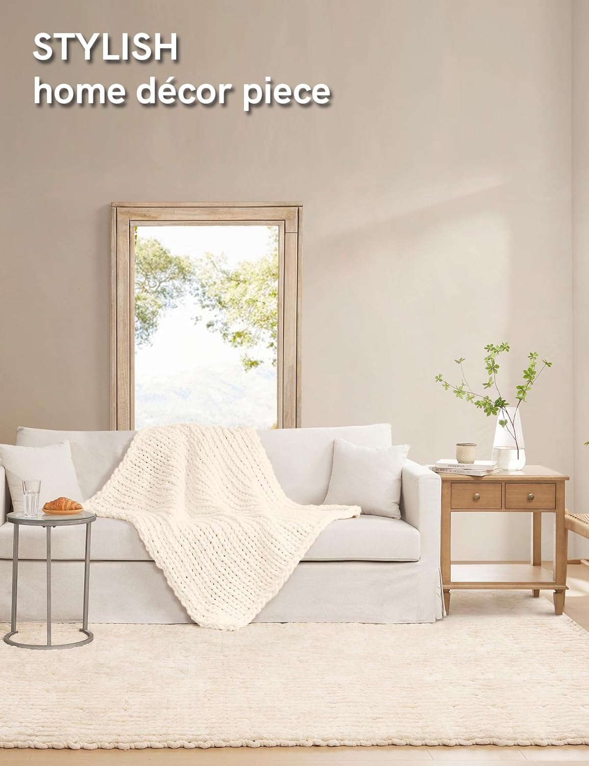 YnM Chunky Throw Blanket, Medium-Weight, Hand Knitted with Chenille Yarn, Skin Friendly, Ventilated and Breathable, Machine Washable, Home Décor Piece for Couch Sofa and Bed (Butter Cream, 80x87 Inch)