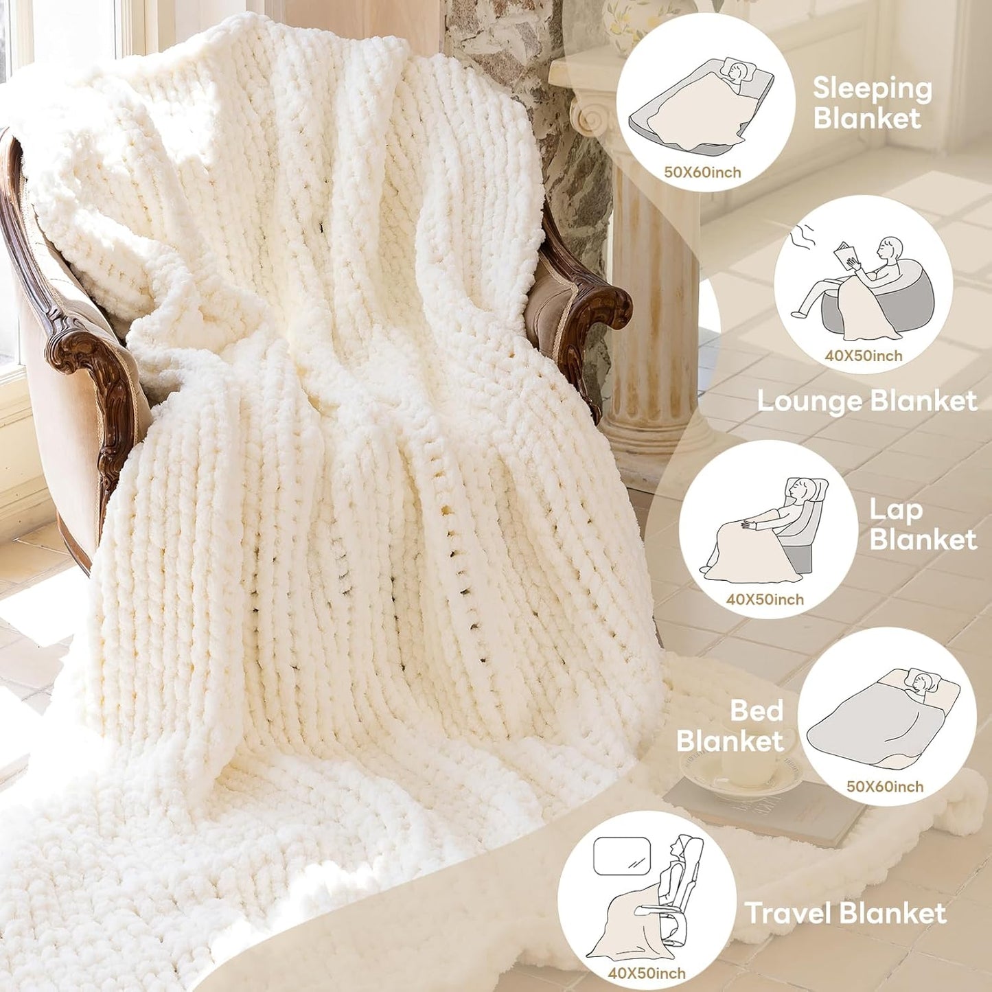 Chunky Knit Blanket - Luxury Soft Cozy 40 * 50 Throw Blanket,100% Woven Blanket Rope Knot Throw Blanket for Couch, Sofa, Home Decor, Gift - Machine Washable(Milk White)