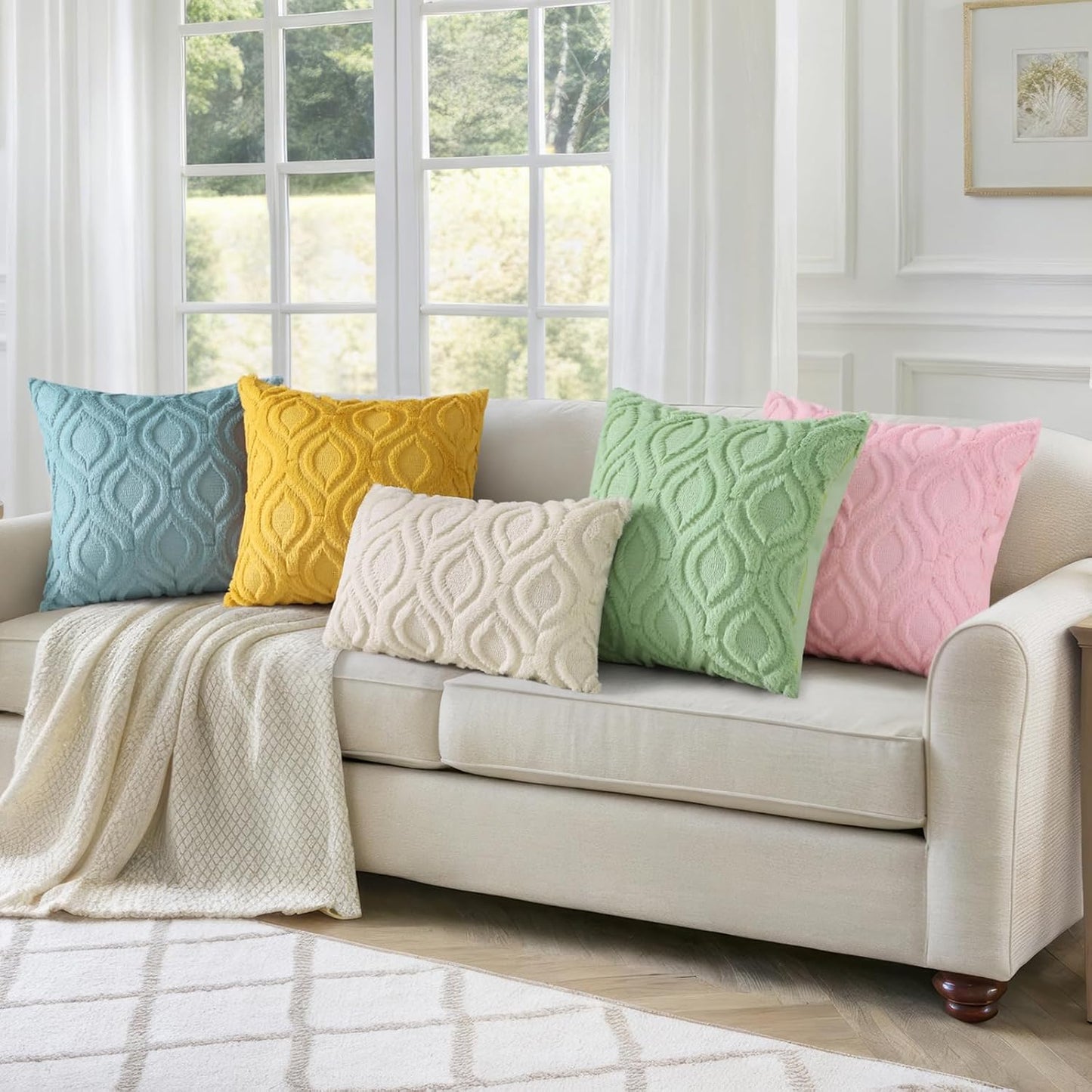 decorUhome Throw Pillow Covers 24x24 Inch Set of 2, Soft Plush Decorative Faux Fur Mustard Yellow Solid Couch Pillow Covers, Accent Farmhouse Neutral Square Euro Pillow Cases for Sofa Bed Living Room