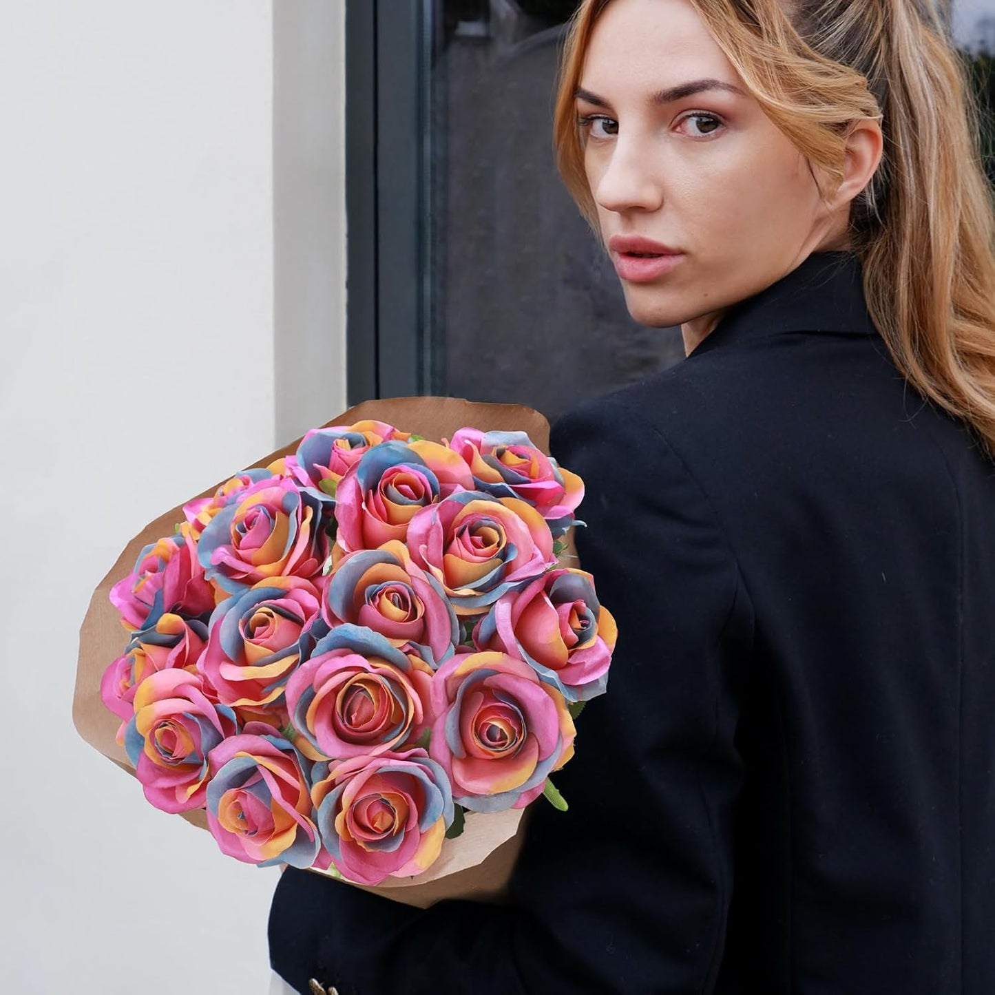 Rainbow Fake Roses Artificial Flowers - 16 Pcs Fake Artificial Roses Silk Flowers with Stems for Home Wedding Hotel Office Centerpiece Decor(Rainbow)