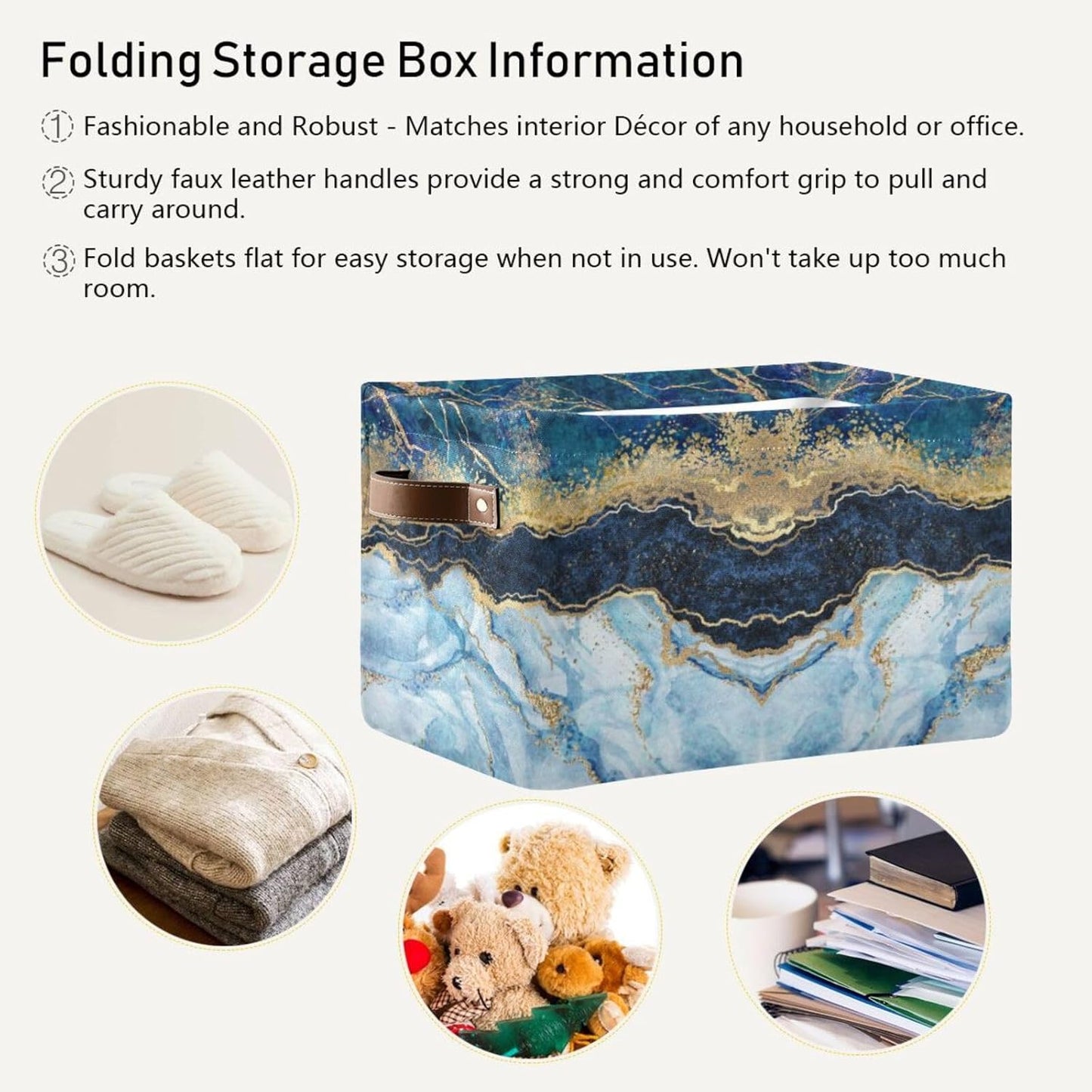susiyo Storage Baskets for Shelves,Storage Bins for Organizing Shelf Nursery Toys, Decorative Linen Fabric Bins Cube with PU Handles 1 Pack,Blue Marble