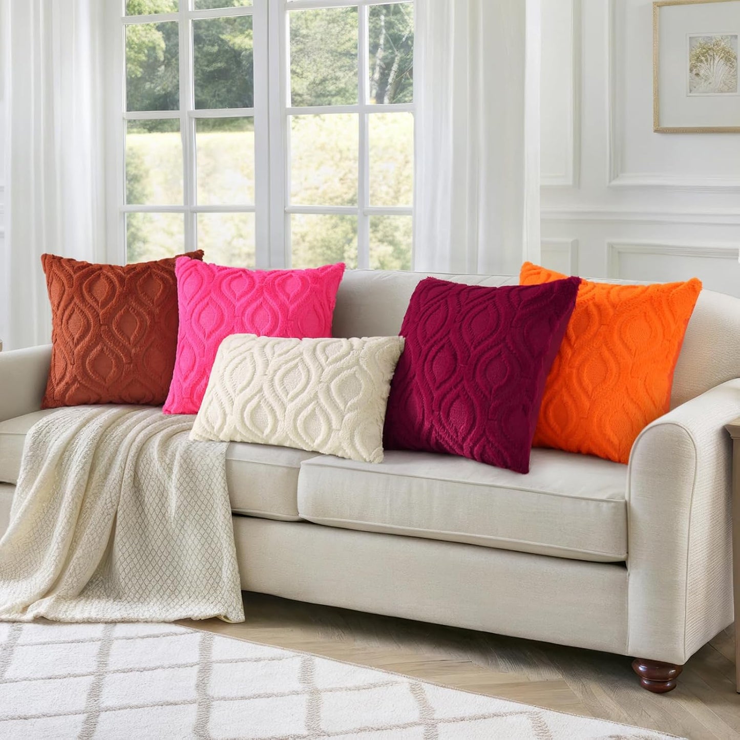 decorUhome Fall Throw Pillow Covers 16x16 Inch Set of 2, Soft Plush Decorative Faux Fur Rust Solid Couch Pillow Covers, Accent Farmhouse Neutral Square Euro Pillow Cases for Sofa Bed Living Room