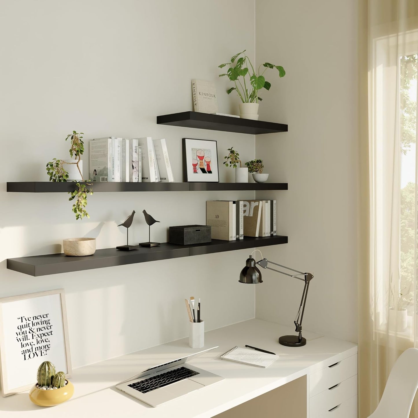 Large Floating Shelves for Wall Set of 1 Wooden Wall Shelves 24 in x 12.75 in x 2 in Room Decor Long Shelf with Invisible Wall Mount Bracket for Bedroom Kitchen Living Room Black