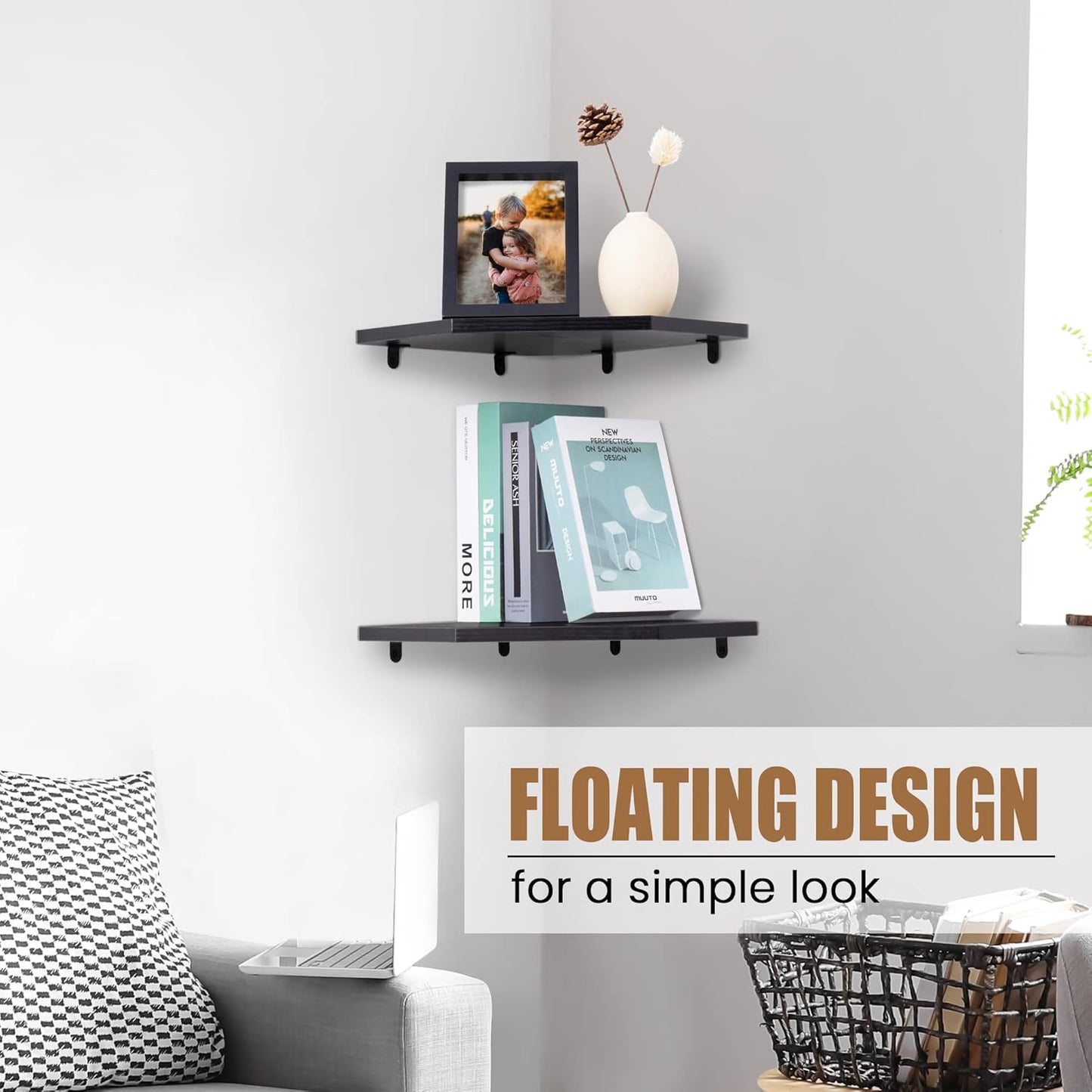 Corner Shelf Wall Mount, Floating Corner Shelves, Set of 2 Corner Wall Shelf Organizer, Rustic Wood Wall Storage Display Shelves for Living Room Bedroom Bathroom Kitchen, Classic Black