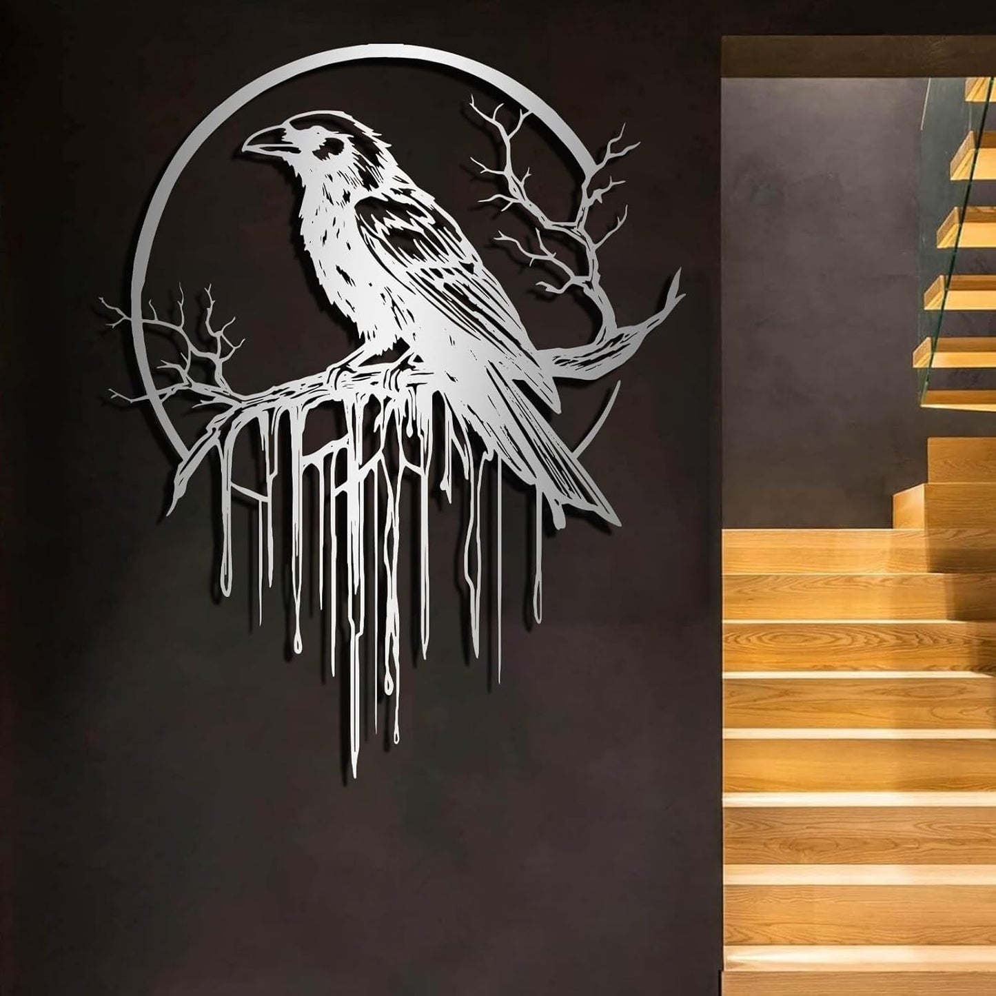 Crow Metal Wall Decor, Raven Wall Art, Large Gothic Raven Decor Hangings, Bird Wall Decor, Metal Tree Branch Decor, Ravens Sign, Raven Art for Living Room (Black, 35"x28" | 90x72cm, metal wall art)