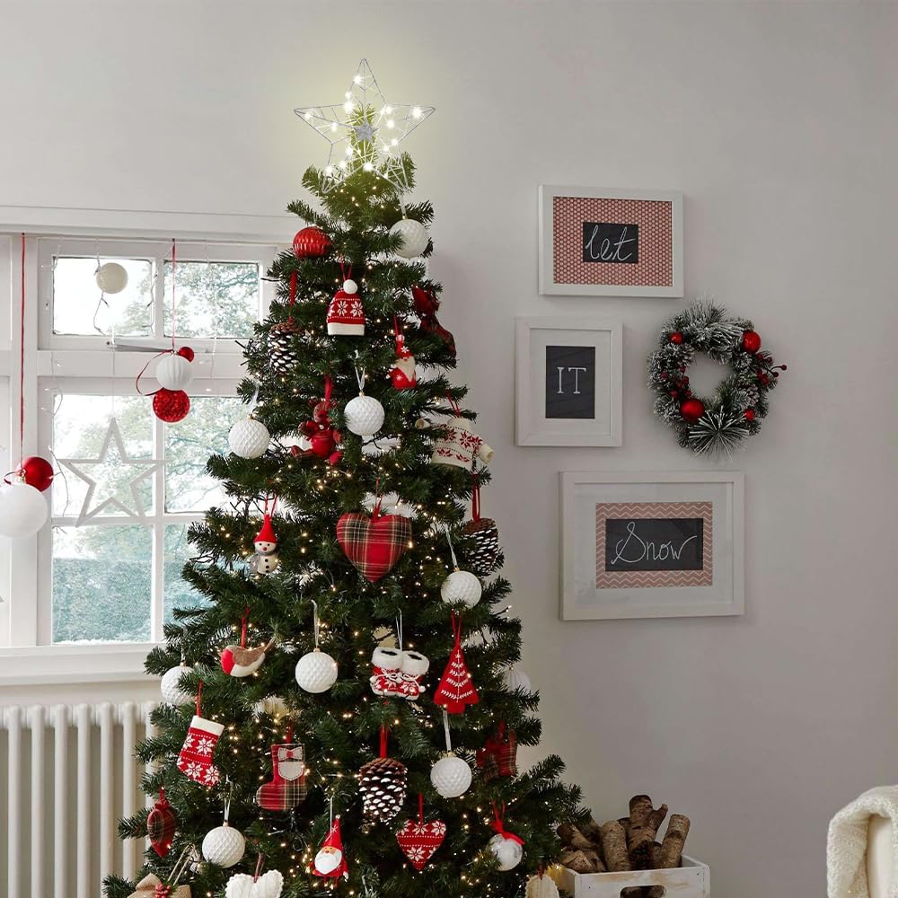 YEAHOME Christmas Tree Topper, Silver Glittered Hollow 5-Point Star Tree Topper for Christmas Tree Decorations, Lighted Wire Star with 20 LED Lights for Christmas Treetop, Xmas Tree Topper with Timer