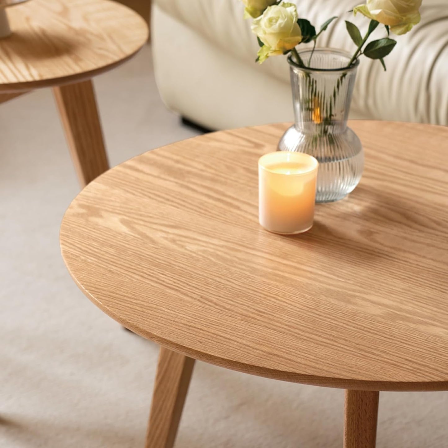 100% Solid Oak Wood Coffee Table Set, Round Coffee Table Combo Side Table w/Solid Wood Legs, Mid Century Table Sturdy Tables for Bedroom Balcony Living Room (Natural, Big-Medium Combo)