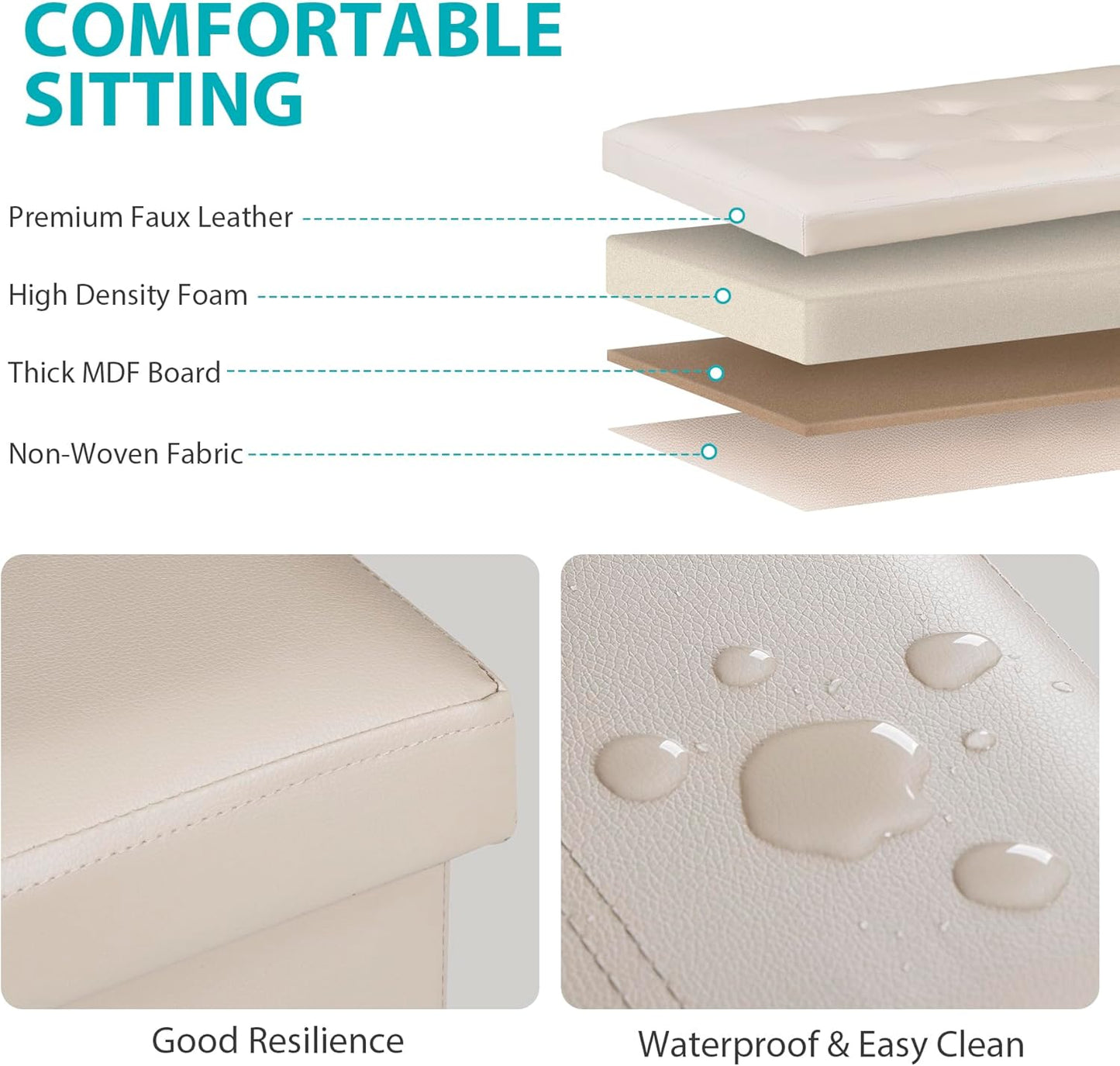 SUPER DEAL Folding Ottoman Bench with Storage, 43 Inch Padded Seat Footrest Shoes Bench for Bedroom Living Room Entryway, 660 lbs Capacity 43"x 15"x 15", Faux Leather, Beige