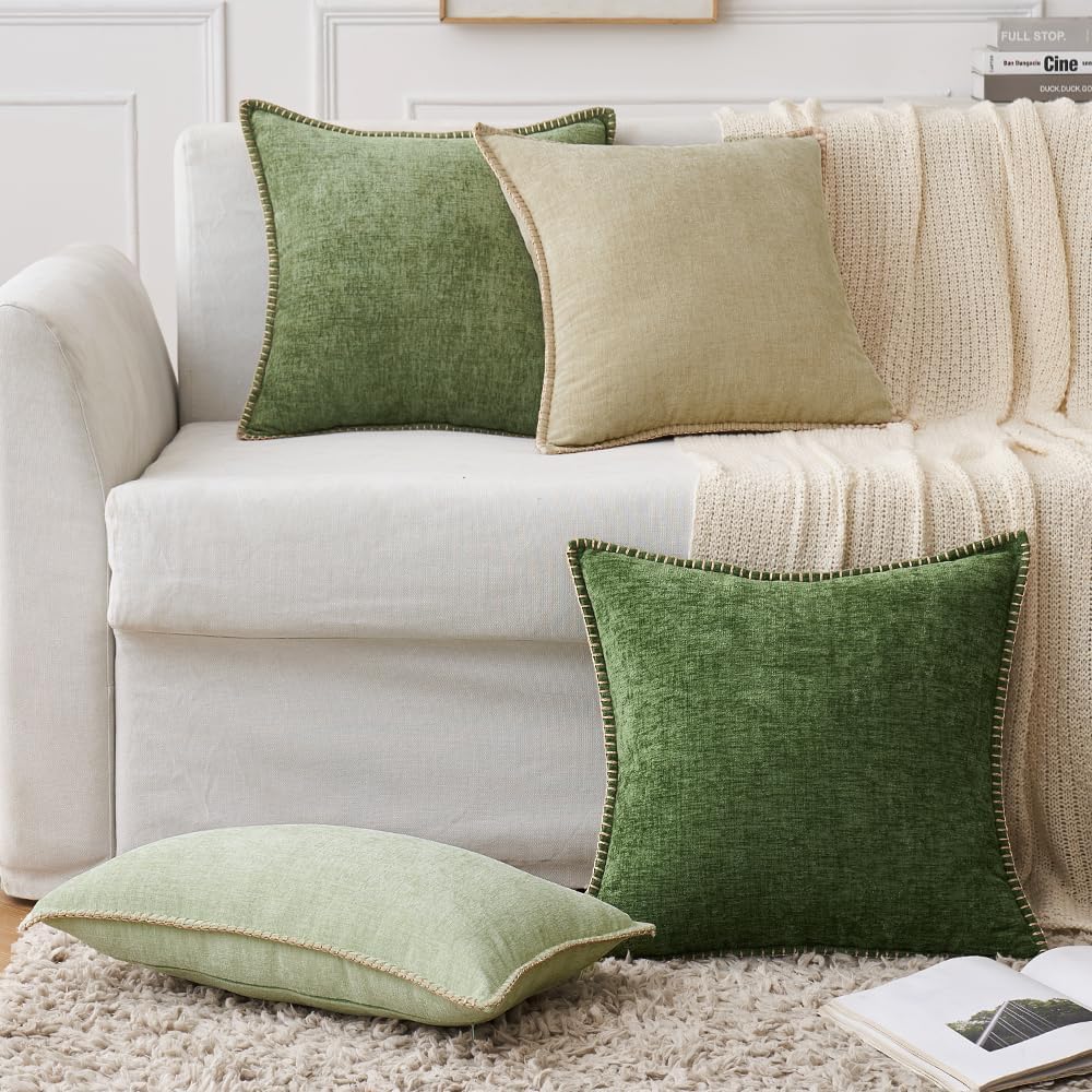 MIULEE Pack of 2 Christmas Pillow Covers 24x24 Inch Moss Green Farmhouse Decorative Throw Pillow Covers with Stitched Edge Soft Chenille Solid Dyed Couch Pillow Covers for Sofa Bed Living Room