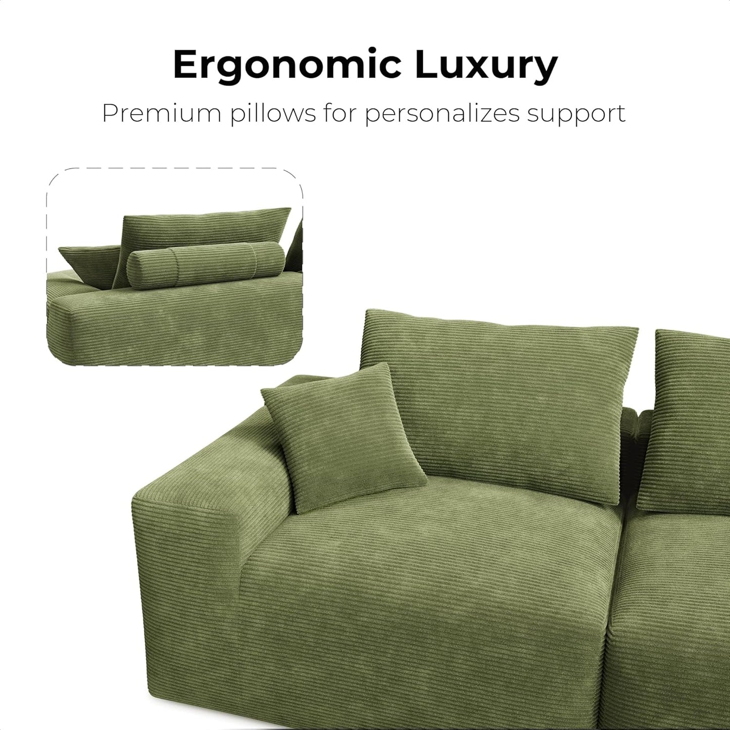 LIKIMIO 120" Modern L-Shaped Modular Sectional Sofa for Living Room, Corduroy Upholstery Green, Oversized 3-Seater Couch with Deep Seat and Movable Ottoman – No Assembly