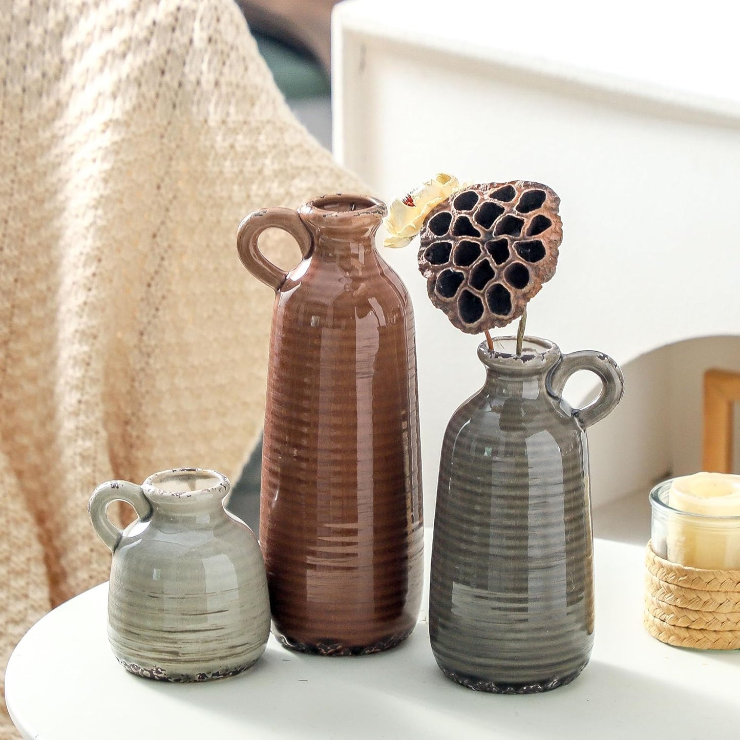 Ceramic Vases Set of 3, Neutral Rustic Farmhouse Vase with Handle, Decorative Flower Vases Home Decor Modern Boho Pampass Vase for Table Mantel Entryway Shelf Living Room Kitchen Bathroom - Brown