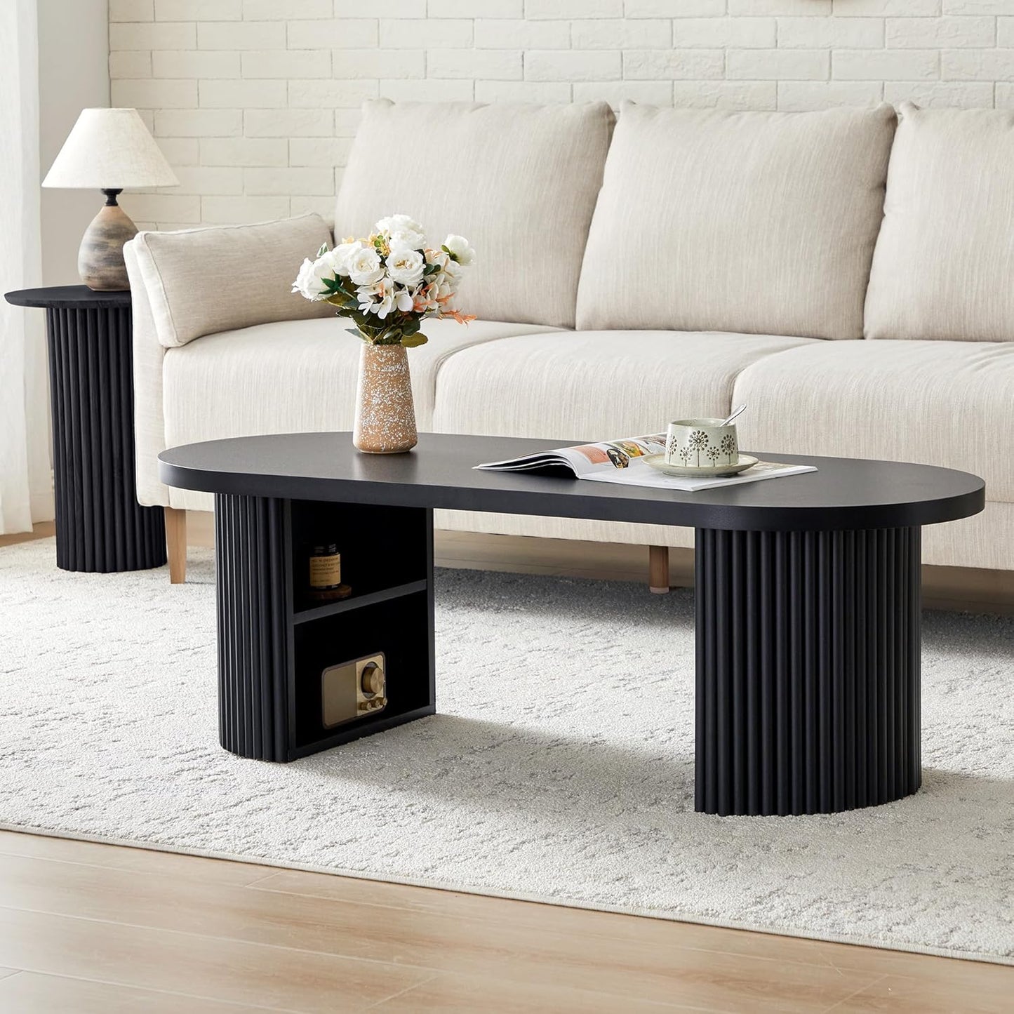 Oval Fluted Coffee Table, 47" Farmhouse Wood Coffee Table Mid Century Modern Center Table Boho Living Room Tables for Living Room Office,Black