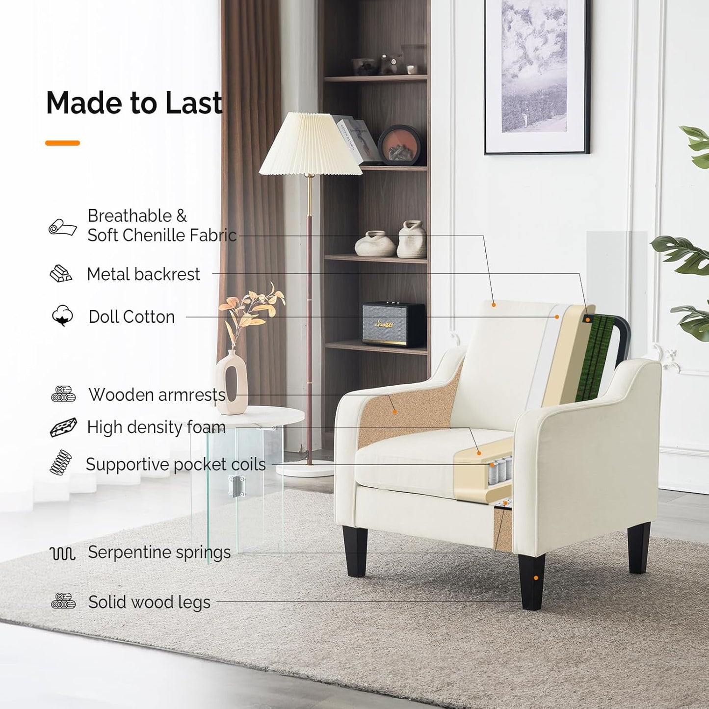 VINGLI Mid Century Modern Accent Chairs Set of 2, Comfy Armchair Chenille Sofa Upholstered Side Reading Chair for Living Room, Bedroom, Play Room, Apartment, Office