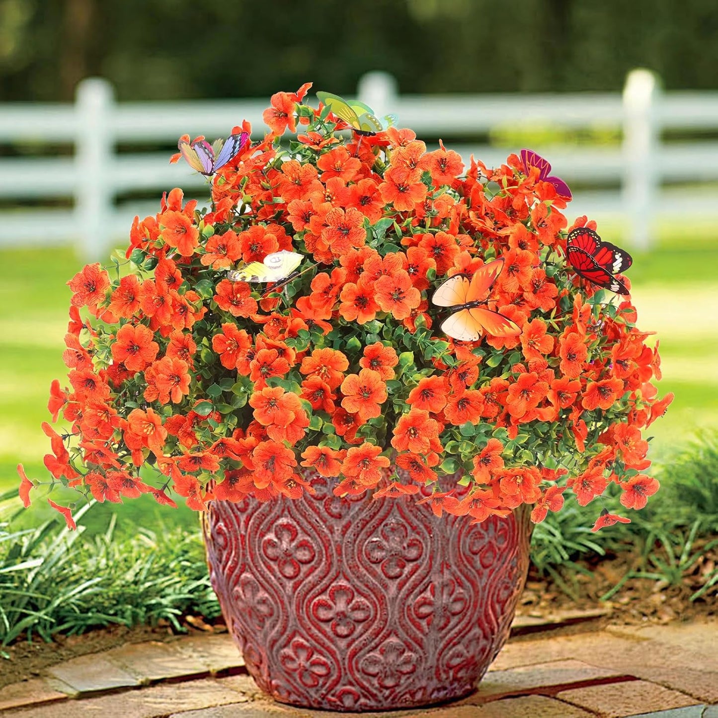 20 Bundles Artificial Flowers for Outdoors with 6 Faux Butterflies, UV Resistant Fake Flowers with Eucalyptus Leaves, Artificial Plants Outdoor for Patio Garden Porch Home Decor (Orange)