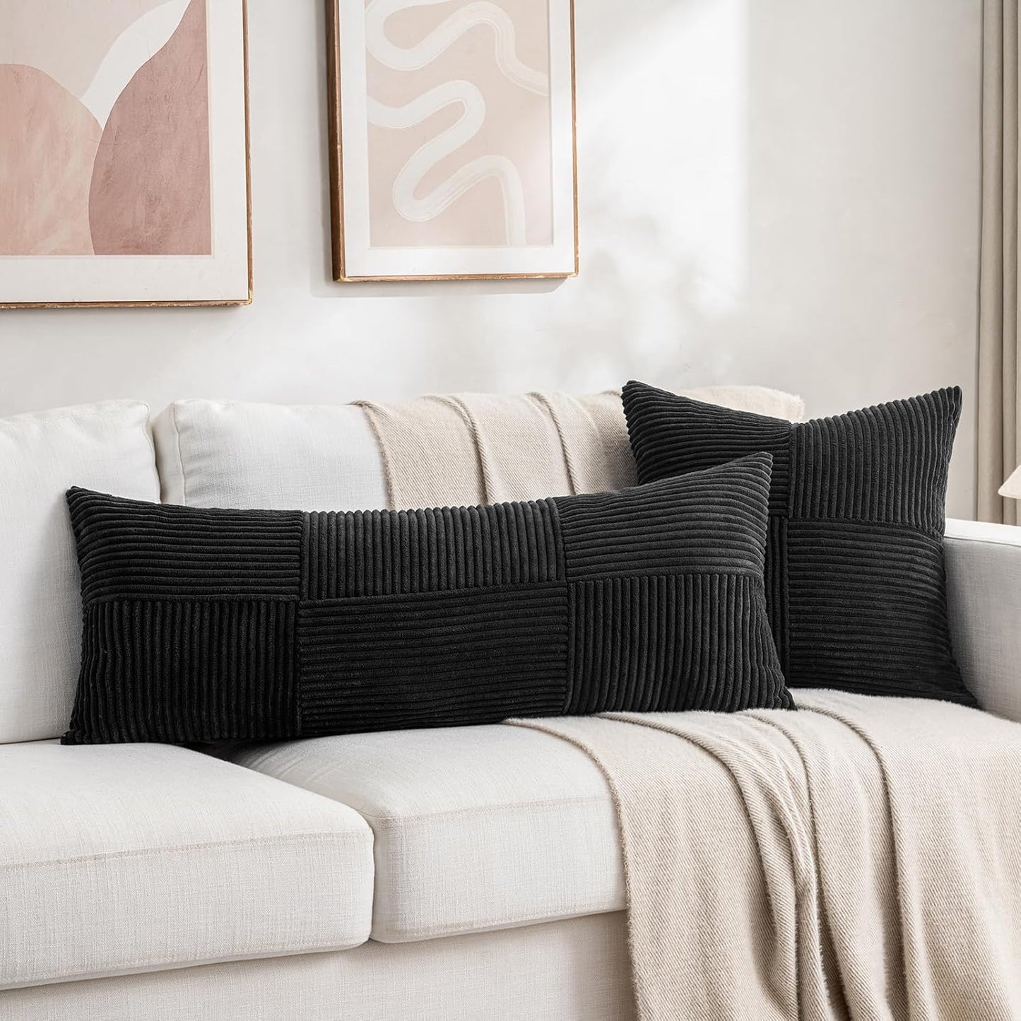 Fancy Homi 2 Packs Black Decorative Throw Pillow Covers 18x18 Inch for Living Room Couch Bed Sofa, Rustic Farmhouse Boho Home Decor, Soft Corss Corduroy Patchwork Textured Square Cushion Case 45x45 cm