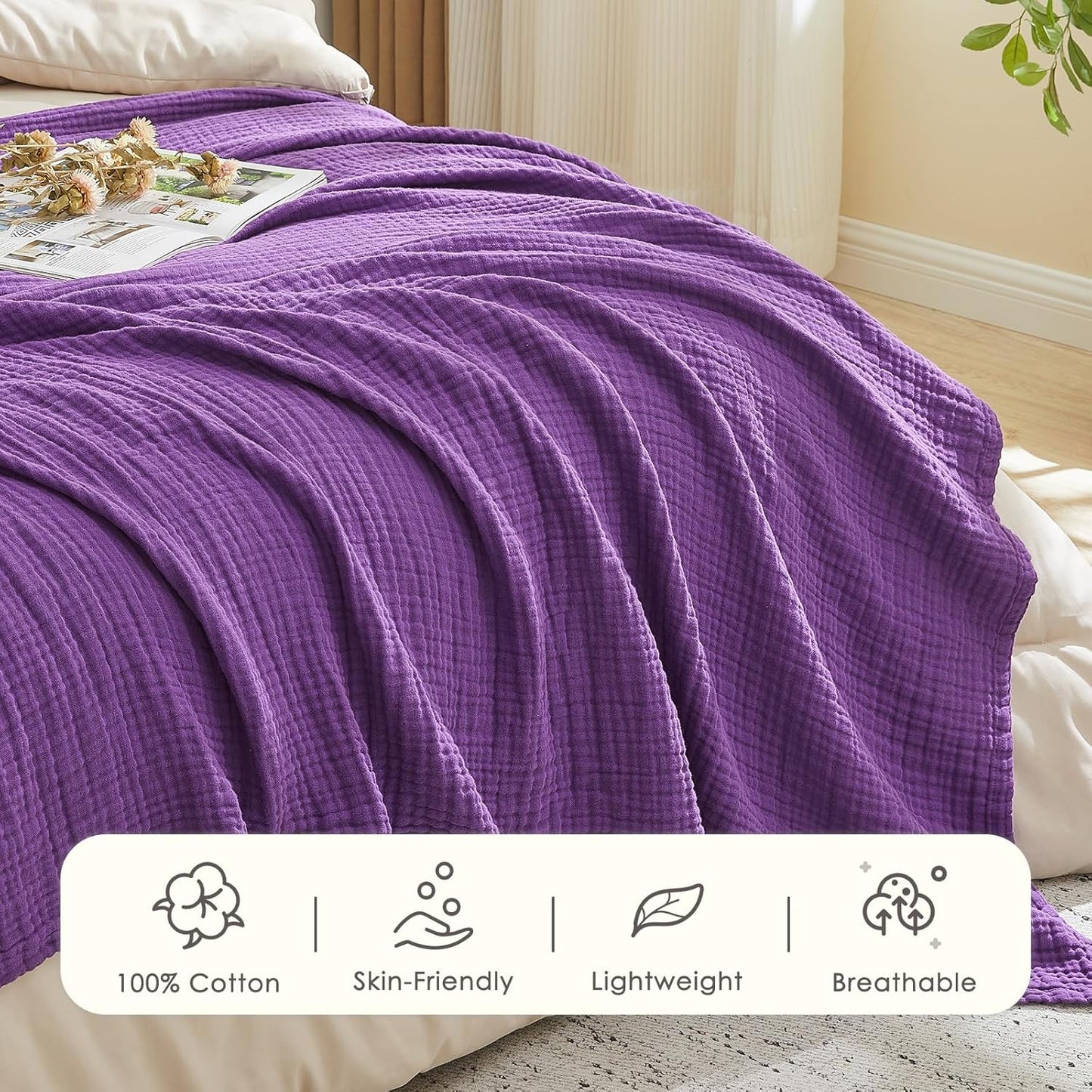 EMME Cotton Muslin Throw Blanket Couch Breathable Gauze Blanket Soft Lightweight Blankets Adults (Purple, 50"x60")