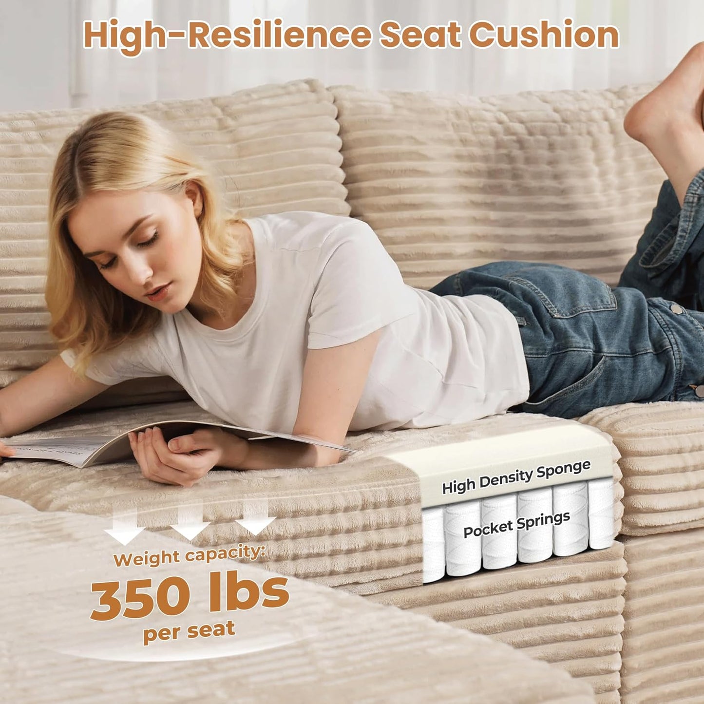 ovios Sectional Sofa Couch with U-Shape Chaise Oversized, Comfy Modular Cloud Couches with Deep Seat, Modern Upholstered Plush Corduroy Sofas Set for Living Room, 8-Seater, Beige