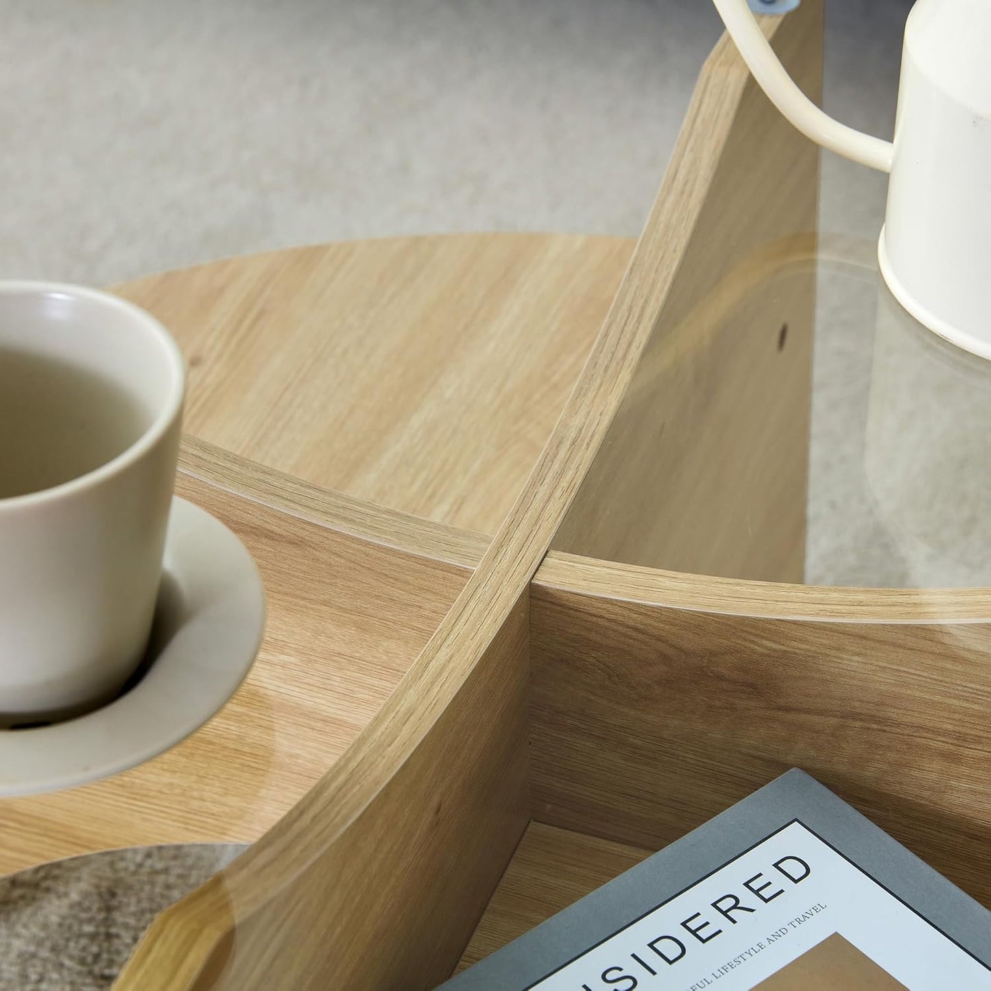 31.5" Round Glass Coffee Table with Tempered Glass Top and MDF Base, Diagonal Fan-Shaped Tray Design Table Leg Simple & Modern Center Table for Living Room Office Apartment Wood